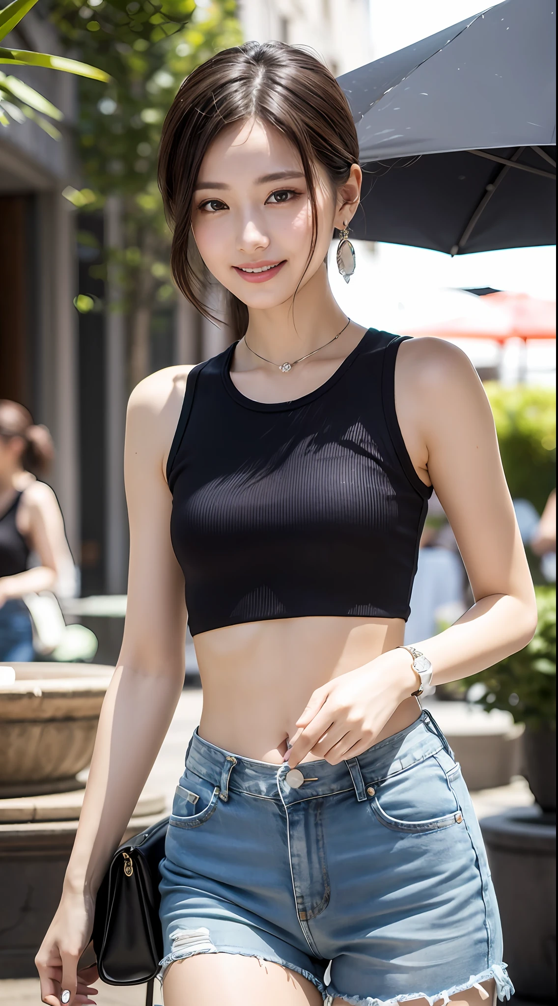(8k, RAW photos, super high quality, super detailed CG Unity 8k wallpaper, masterpiece: 1.2), one girl, 3D, movie lighting, super beautiful detailed eyes, accurate shiny iris depiction, pupils are black and abyss, water-based humor shine, ultra-detailed eyelashes, Looking at the viewer ,smile,precise shading of hair, Delicate hair tips,professional make-up,wearing small jewelry earrings, short hair, (Slightly sweaty skin:0.8),tank top, shoulder out, navel, Denim hot pants, the precision of the shadows created on the clothes, chiaroscuro, realistic, fashionable Cafe terrace with many antique accessories ,Nearby fountain