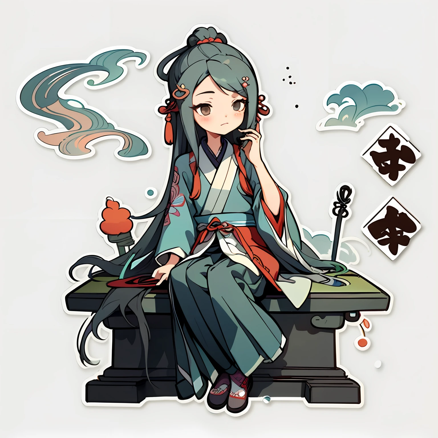 1 sticker, handbook, (sticker, 1 girl, Chinese Ming Dynasty clothes, gorgeous collar top, pleated long skirt, hanfu, embroidery, hairpin, bamboo, moss, pavilion), watercolor, white background, simple background, minimal, cute, tiny, pastel color, vector style, no gradient,