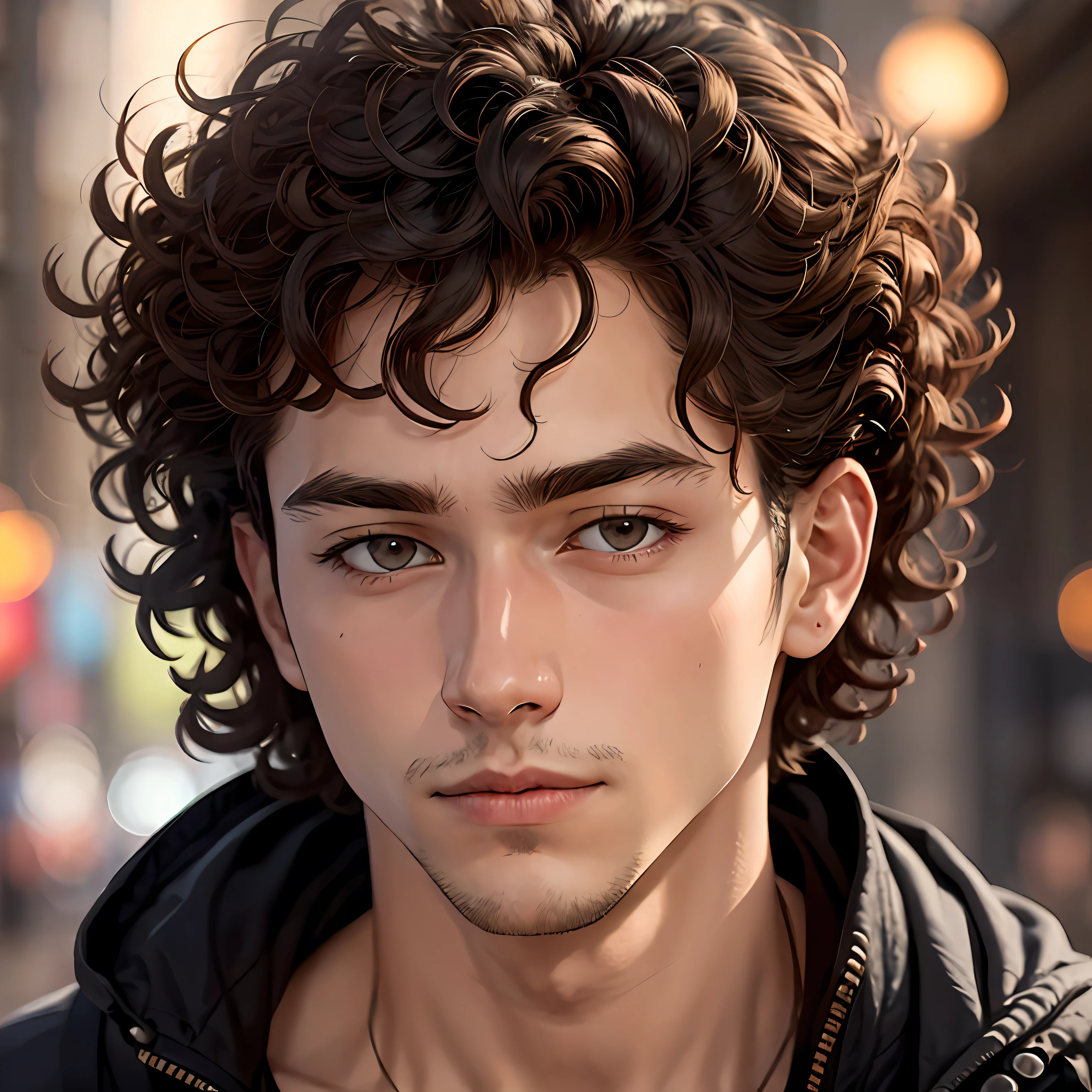 a boy with curly hair and a slightly large nose --auto