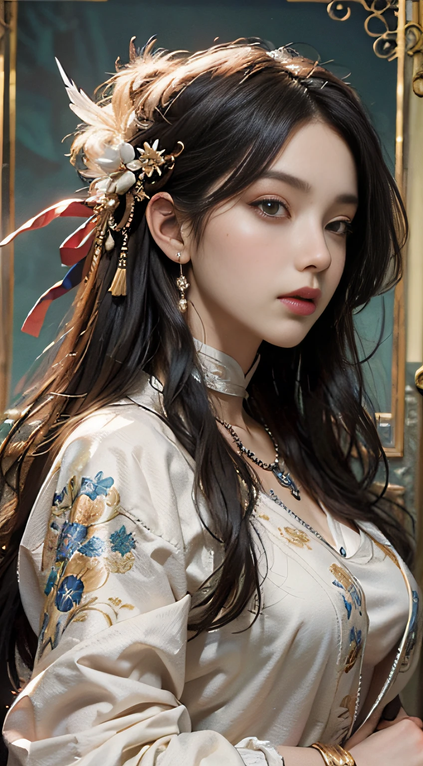 High quality, masterpiece, masterpiece, exquisite facial features, exquisite hair, exquisite eyes, exquisite color hair, 4K picture quality, gorgeous light and shadow, Tyndall effect, halo, messy hair, young state, gorgeous scene, exquisite clothes, chains, feathers, ancient chinese beauty with big eyes very detailed, digital painting, artstation, concept art, sharp focus, illustration, art by greg rutkowski and alphonse mucha and victo ngai
