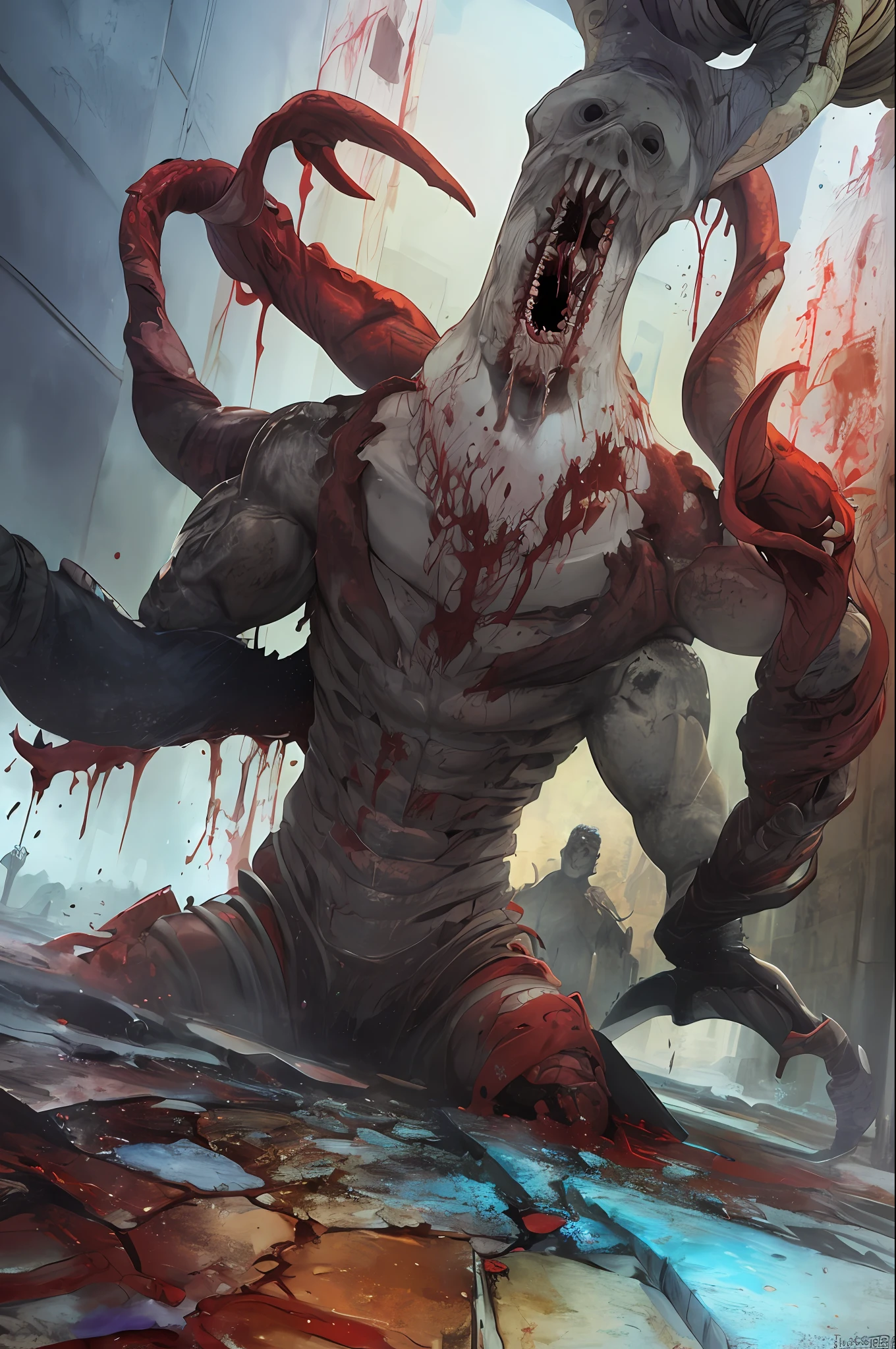 (best quality, masterpiece1.2), blood, horror, (eldritch abomination), wasteland, landscape, grotesque, gore, guro, blood splatter, unique, experimental, original, colorful