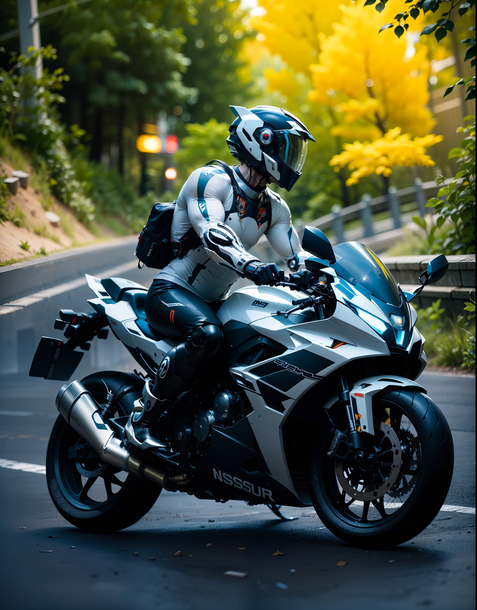 Cyber Man Warrior and Cyber Mechanical Motorcycle, Nousr, Biomechanics, MSHN Robot Man, high-tech helmet, surreal, steel, intricate design, crazy details, fine details, extremely clear lines, cinematic lighting, photo realistic, detailed masterpiece