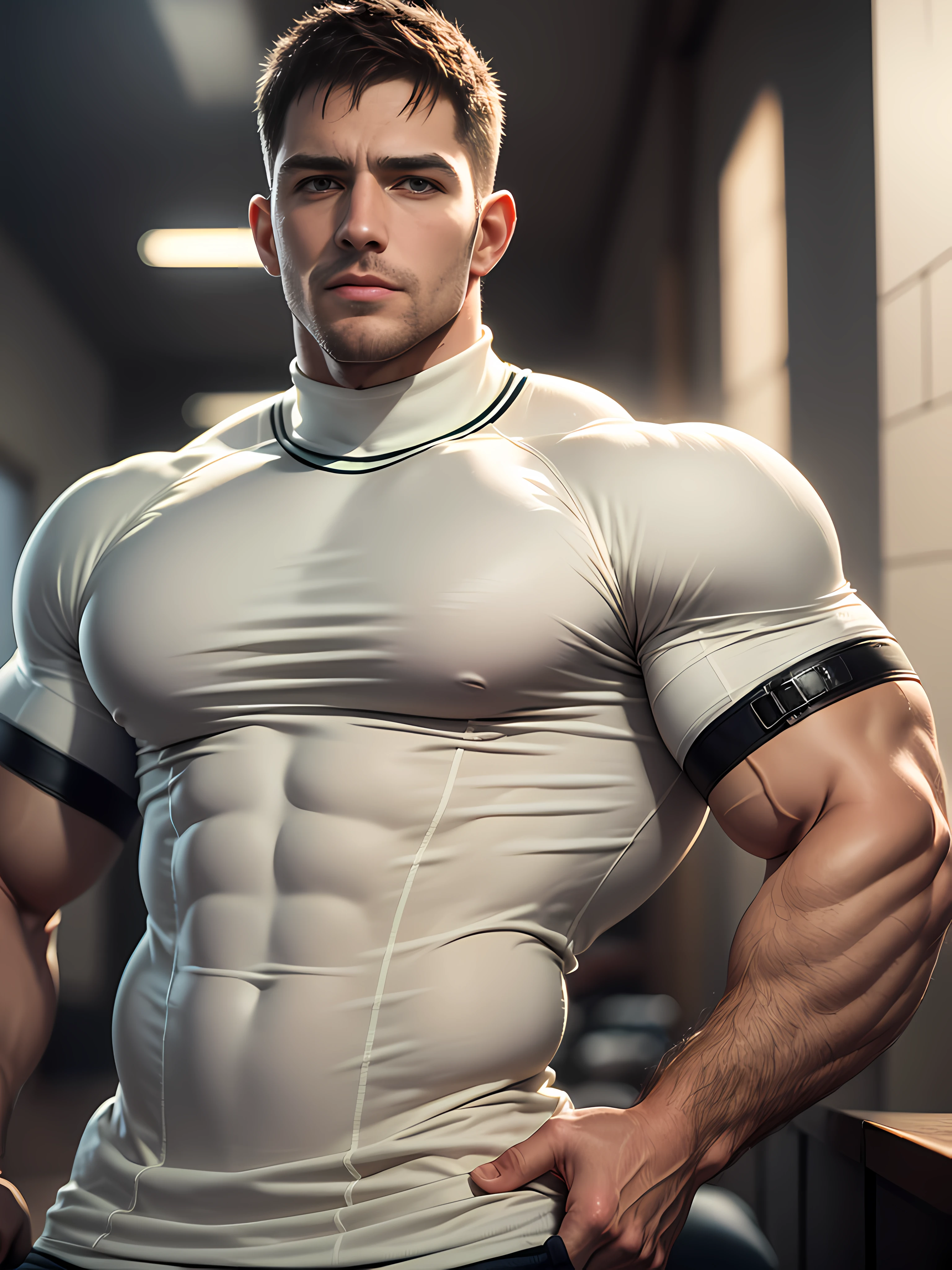 Character design (Resident Evil - Chris Redfield, Chris Redfield) wears a mie cream white high-neck stretch tight T-shirt, looks intoxicated and enjoyed, eyes slightly narrowed, mouth wide into an O-shape, expression enjoyment, deep and charming eyes, emerald-like pupils, muscle male hero, heroic male pose, tall and burly, muscular! Sexy charming muscular leg muscles, tall burly and strong, beige cream white stretch turtleneck skinny T-shirt, super gain and cool, high resolution commission, white sneakers, attractive strong men, bright moonlight on the body, mesmerizing enjoyment