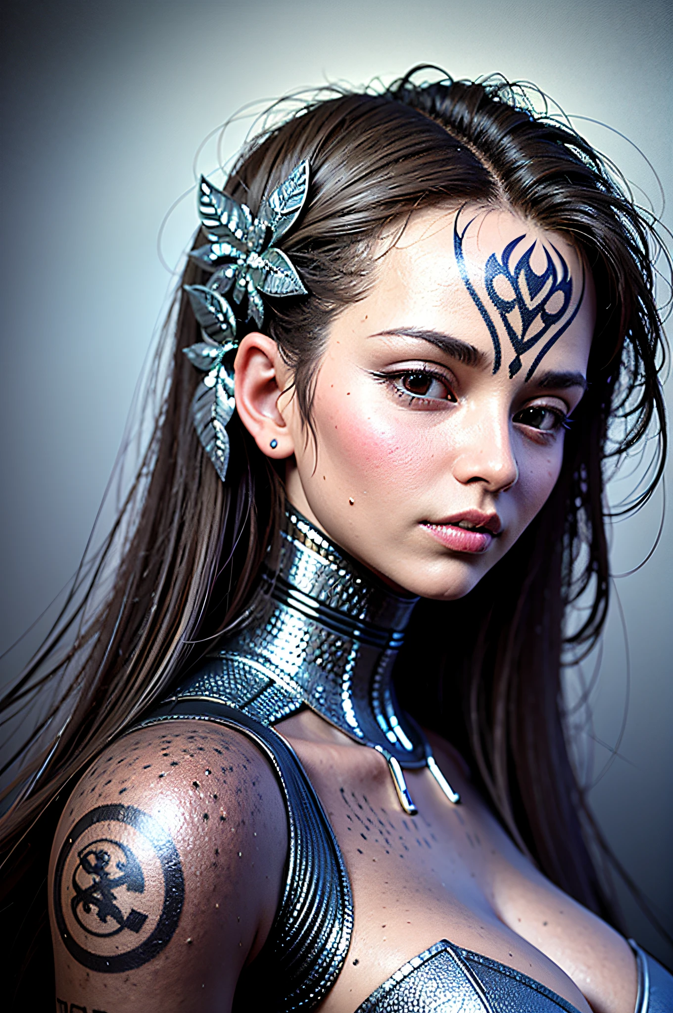 tattooed robot woman on a dark background, in the style of andrzej sykut, luminous 3d objects, elizabeth gadd, intricate lines, detailed facial features, victor nizovtsev, royal blue and light black
