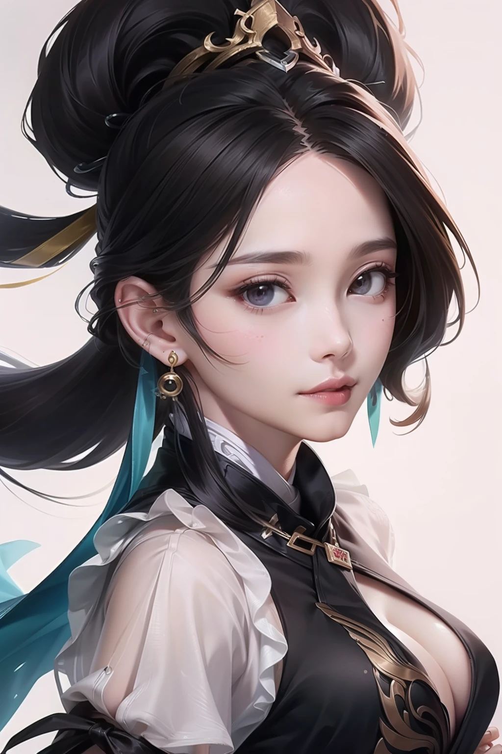 Realism, (Masterpiece, Top Quality, Best Quality), ((Wuxia World, Xiuxian, Chinese Wuxia,)), (1 Girl Solo), (Gentle Eyes), (Hanfu, Tulle Streamer), (Hairpin, Long Black Hair), (Hanfu), Light Pink Lips, (Young), Earrings, White Skin, (Clear Facial Features, Detailed Skin Texture, Beautiful Face, Facial Highlight, Perfect Full Body Portrait), White Background, Standing, Slim Figure, 8K UHD, DSLR, Soft Light, High Quality, High Resolution, (very detailed CG unity 8k wallpaper)