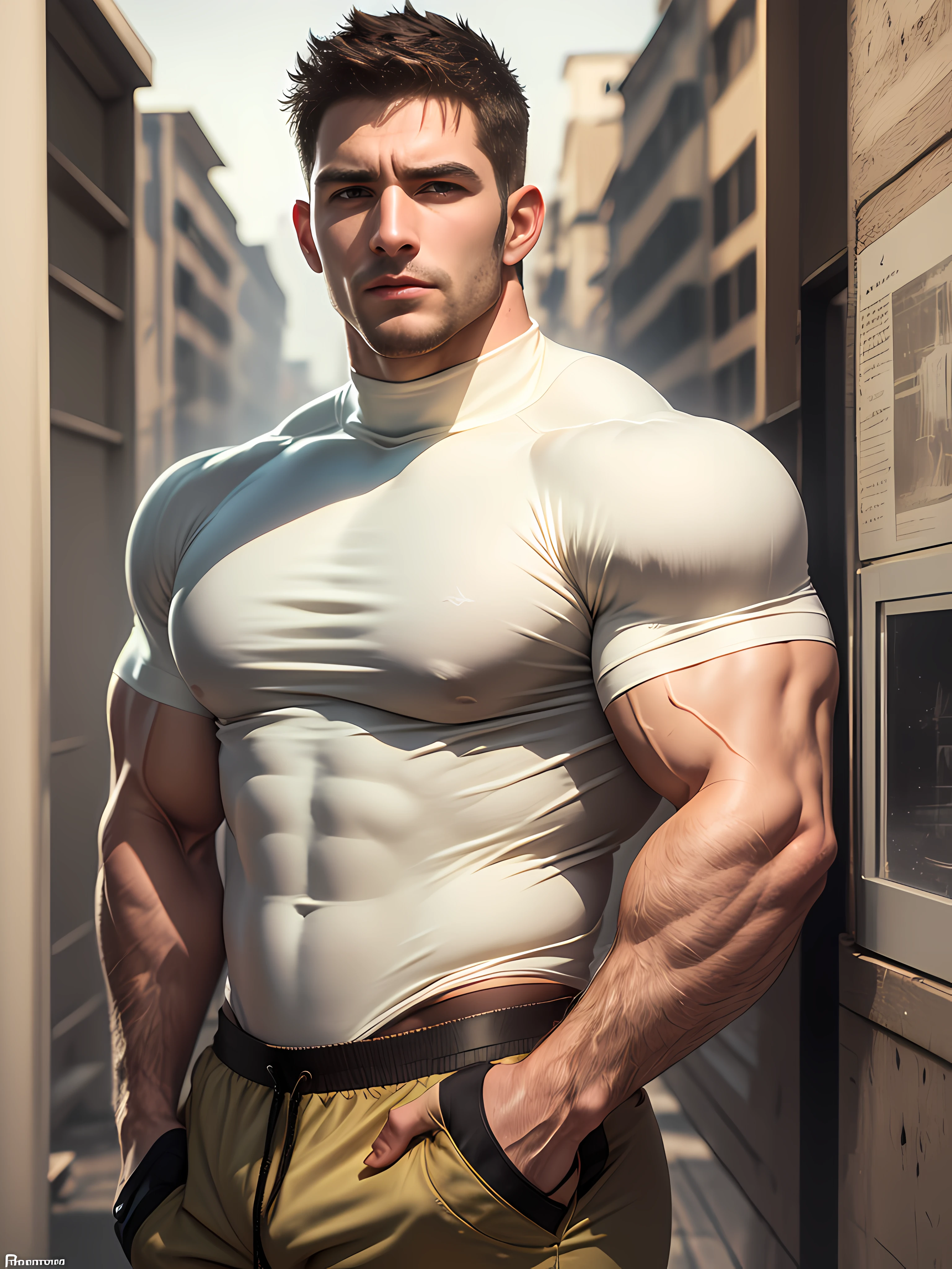 Character design (Resident Evil - Chris Redfield, Chris Redfield) wears a mie cream white high-neck stretch tight T-shirt, looks intoxicated and enjoyed, eyes slightly narrowed, mouth wide into an O-shape, expression enjoyment, deep and charming eyes, emerald-like pupils, muscle male hero, heroic male pose, tall and burly, muscular! Sexy charming muscular leg muscles, tall burly and strong, beige cream white stretch turtleneck skinny T-shirt, super gain and cool, high resolution commission, white sneakers, attractive strong men, bright moonlight on the body, mesmerizing enjoyment