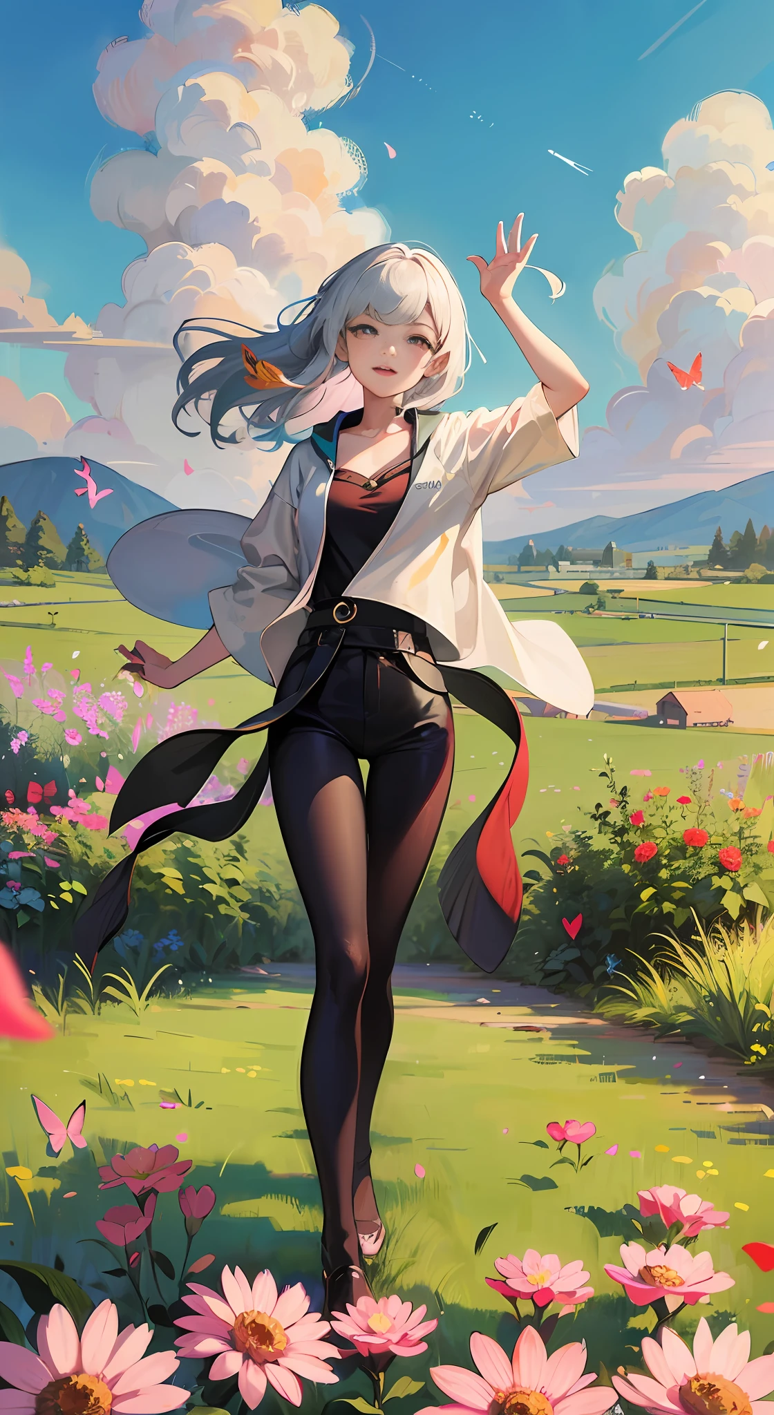 Illustration of a 10 year old girl, "happy" in a field of flowers, blue sky of clouds, playing with butterflies, beautiful illustration, beautiful painting, beautiful UHD 4k art, beautiful art, a beautiful art illustration, art in the style of guweiz, beautiful painting, atey ghailan 8k, artgerm and atey ghailan, 10 year old girl, happy in a field of flowers, playing with butterflies, (butterflies). (best quality, masterpiece), 1girl, pose, particle, wind, flower, full body, garden background, looking at butterflies. --auto