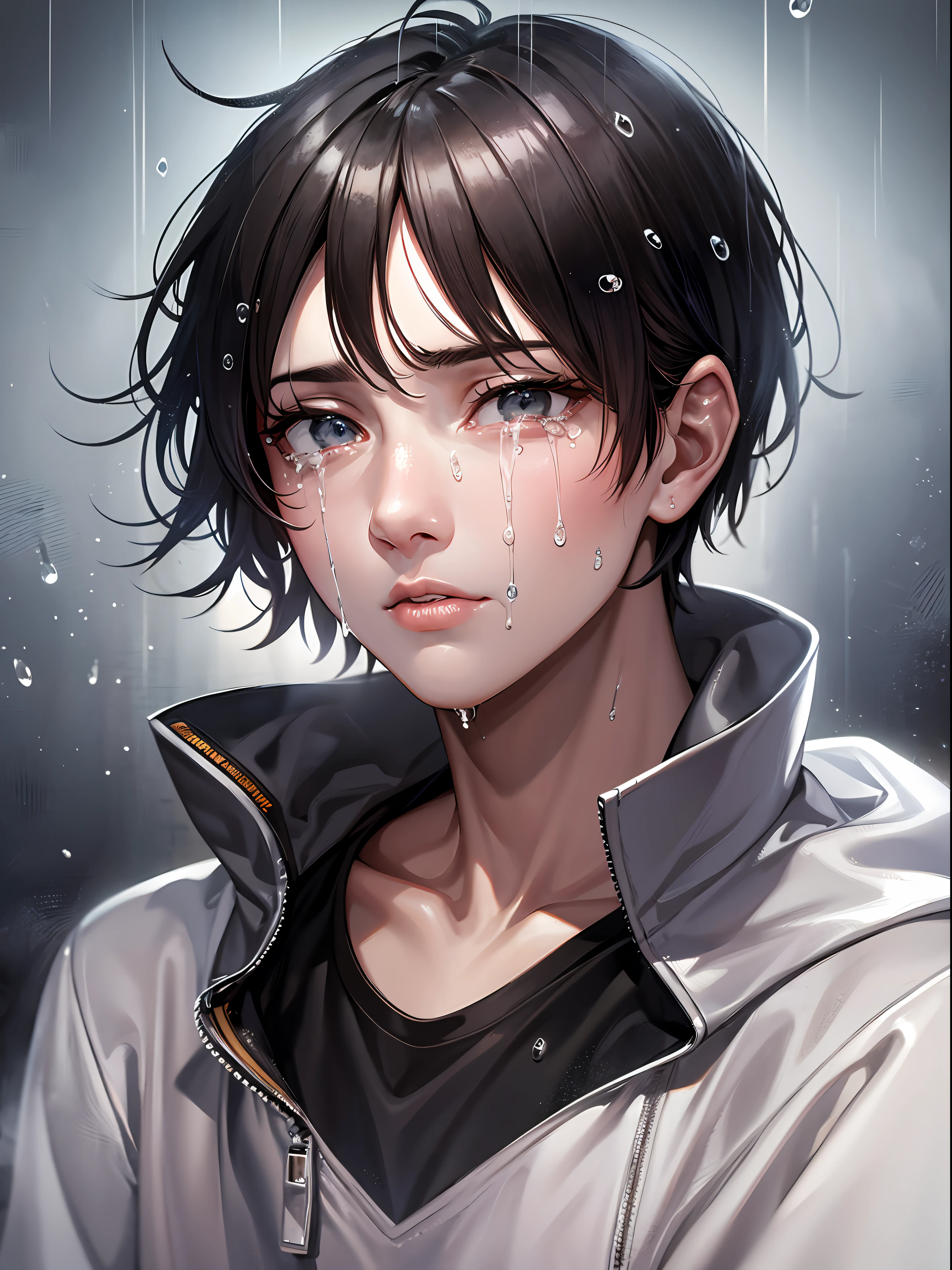 a teenager male, cry for love, on the top of the building, heavy rain drop down, wet clothes, wet hair, clear face, lonely, tearing up, eye reflection, streaming tears, tears, ray tracing, reflection light, chiaroscuro, cinematic lighting, close-up, masterpiece, best quality, high details, highres, ccurate, textured skin, high quality, UHD, HD