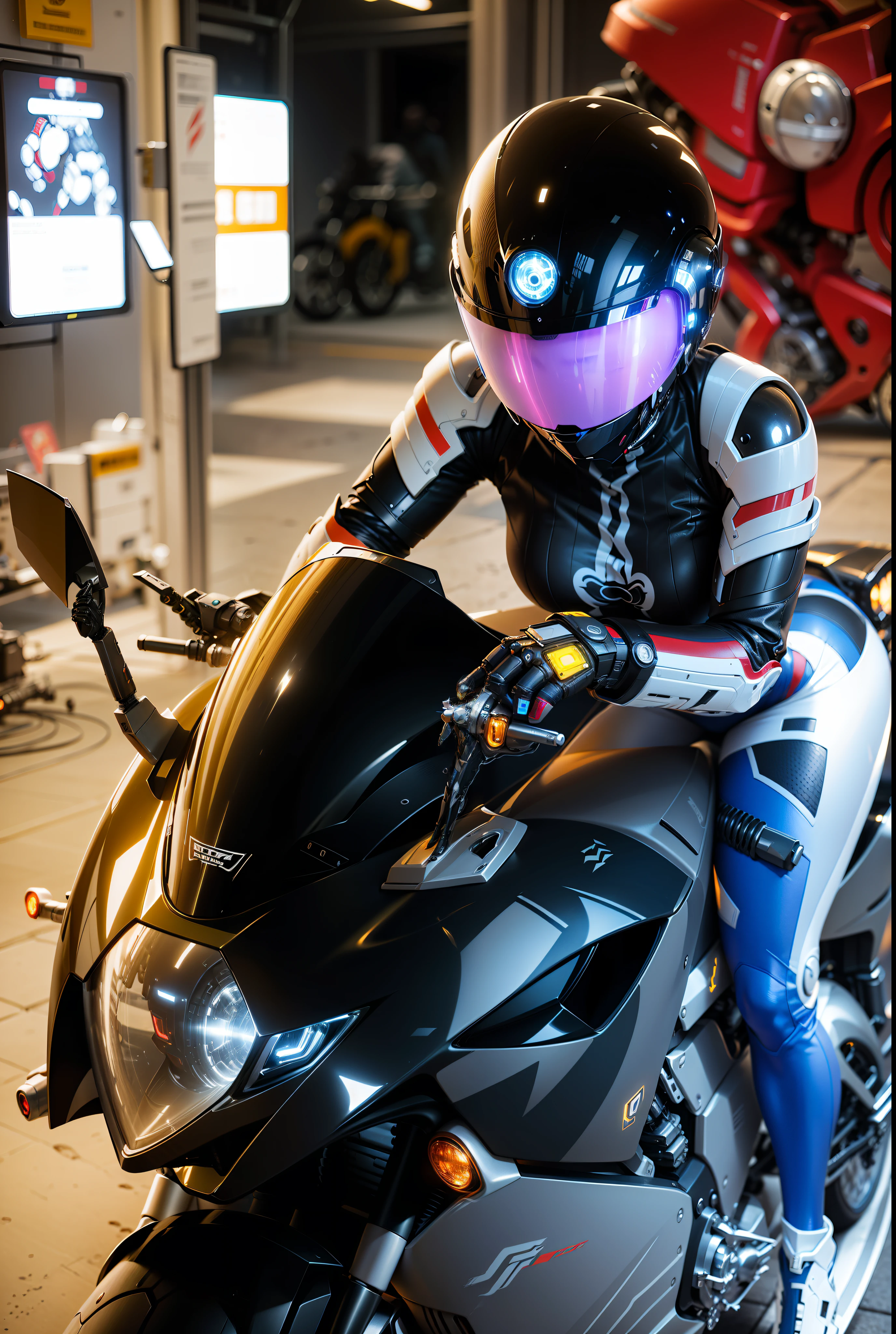 Cyber Warrior Woman and Cyber Mechanical Motorcycle, Full Body Exquisite High-Tech Armor, Exquisite Black Tech Helmet, Nousr, Biomechanics, MSHN Robot Man, High-Tech Helmet, Surreal, Steel, Intricate Design, Crazy Details, Fine Details, Extremely Clear Lines, Cinematic Lighting, Photo Realistic, Detailed Masterpiece