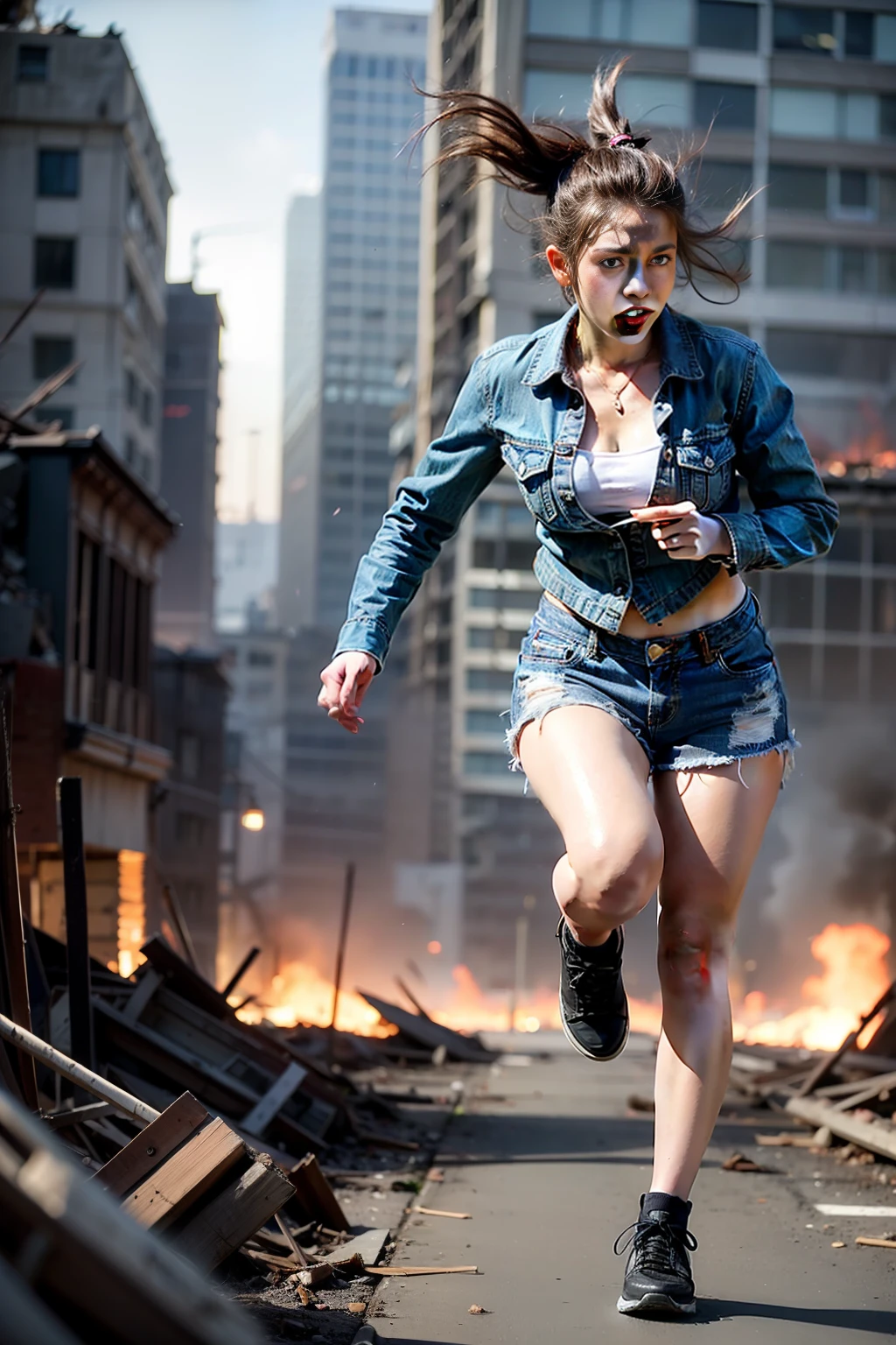 The heroine of the movie "Godzilla," desperately fleeing from Godzilla in a devastated Los Angeles. Her hair is a mess, her clothes are dirty, her denim shorts are torn, and she runs through the rubble. She runs through crumbling buildings, burning flames, white skin, smooth skin, stunningly beautiful face, detail, photorealistic, 8K