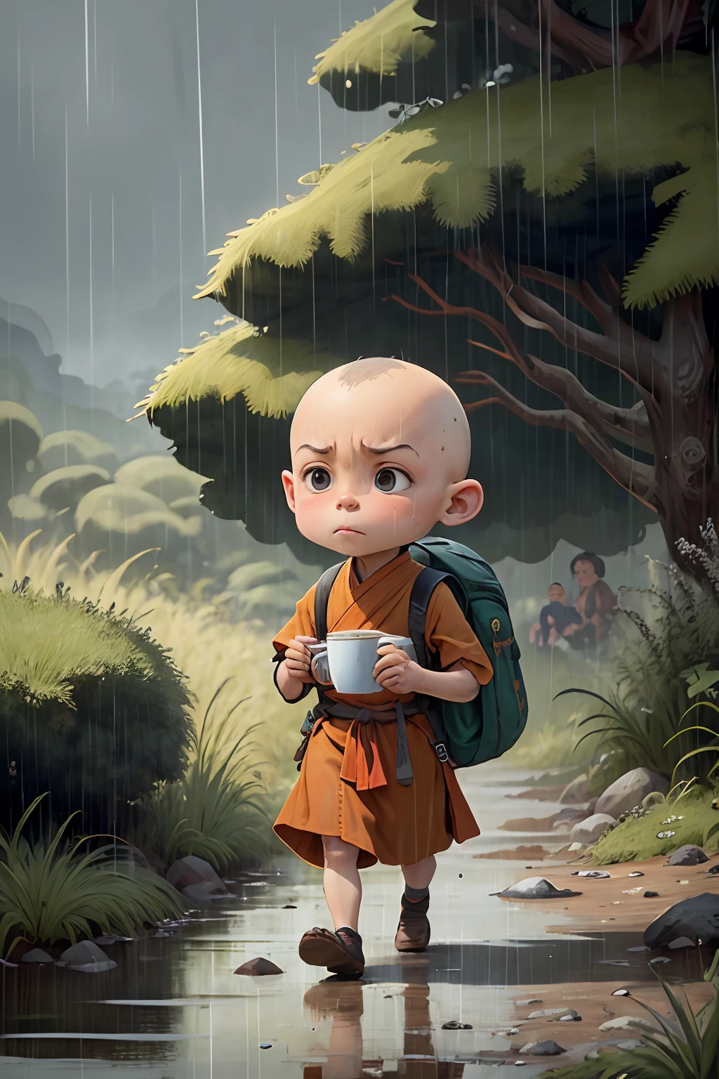 bald boy, little monk, anti-heavy items, rain, bald head, chinoiserie,