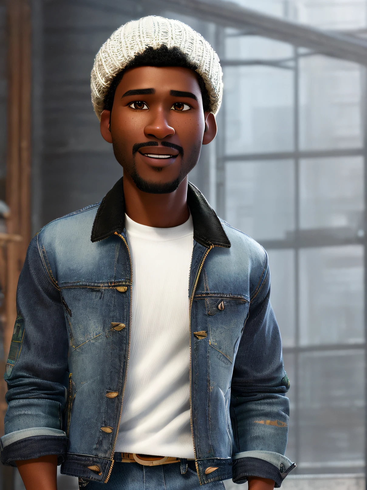 (Pixar style) A waist-high portrait of a black guy, denim jacket, small beanie, natural skin texture, 4K textures, HDR, intricate, highly detailed, sharp focus, hyper-detailed, the sky in the background is darkening, showing the beginning of the night, with stars starting to appear. On the horizon, the sunset creates an effect of vibrant and magical colors.