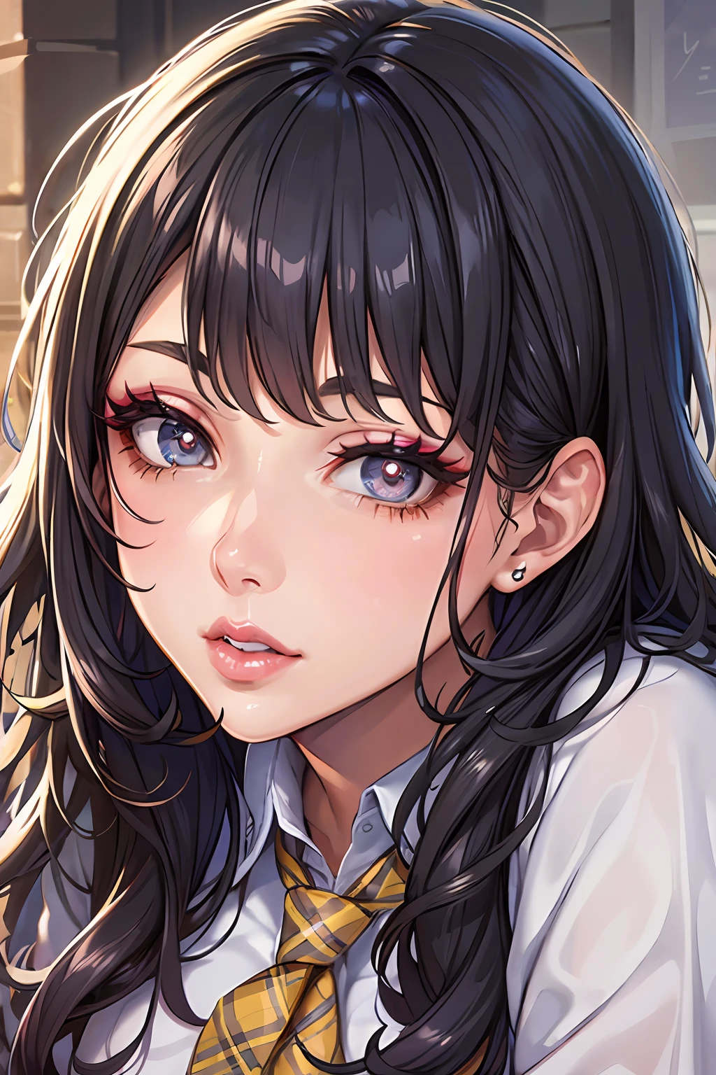 "(Perfect masterpiece: 1.2), (Best quality: 1.2), stunning face, schoolgirl uniform, black pantyhose, mature chubby, large pupils, bright eyes, makeup, long and luxurious eyelashes, full lips, irresistible charm."