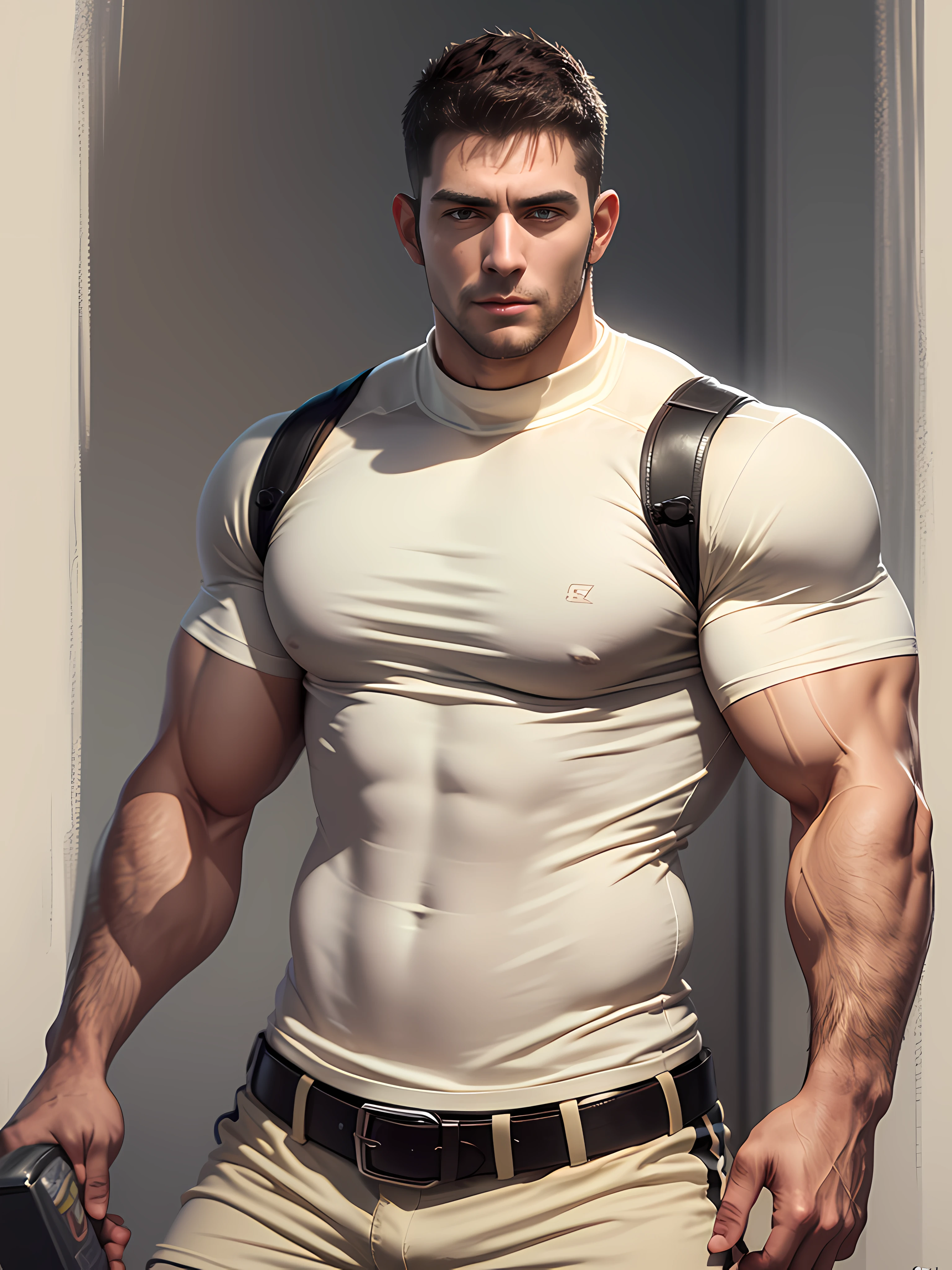 Character design (Resident Evil - Chris Redfield, Chris Redfield) wears a mie cream white high-neck stretch tight T-shirt, looks intoxicated and enjoyed, eyes slightly narrowed, mouth wide into an O-shape, expression enjoyment, deep and charming eyes, emerald-like pupils, muscle male hero, heroic male pose, tall and burly, muscular! Sexy charming muscular leg muscles, tall burly and strong, beige cream white stretch turtleneck skinny T-shirt, super gain and cool, high resolution commission, white sneakers, attractive strong men, bright moonlight on the body, mesmerizing enjoyment