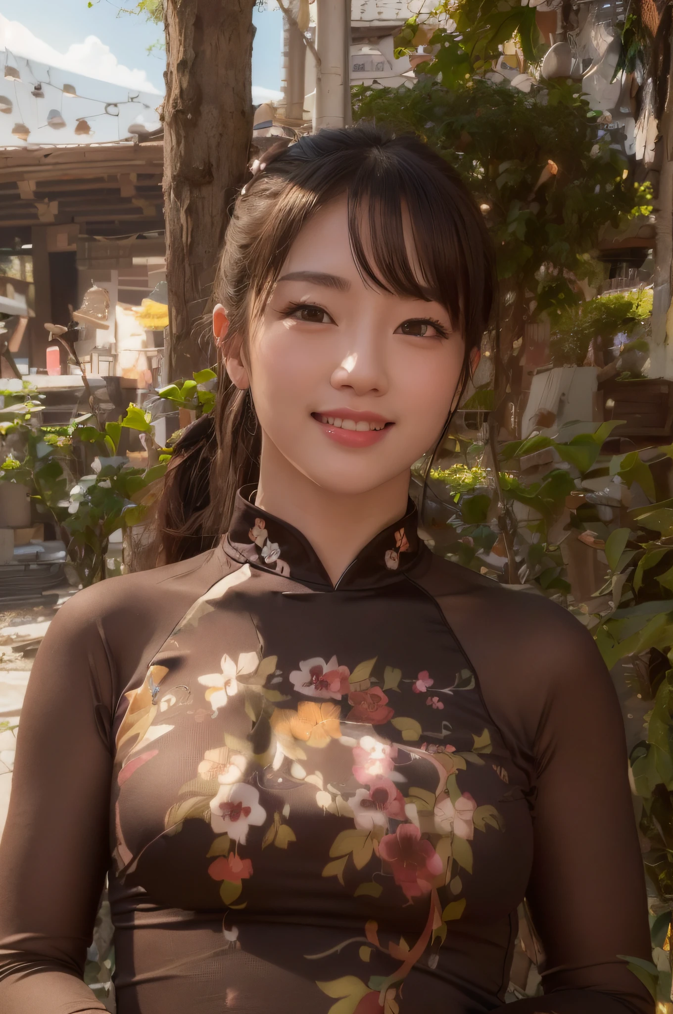 (8K, highest quality, masterpiece: 1.3), (realistic, photorealistic: 1.4), ultra high definition, (ao dai), (tight fit clothes:1.1), (japanese female), (high-definition cute face), (hanging breasts), (saggy boobs), brown hair, ponytail hair, professional lighting, (closed mouth: 1.2), blush, smile, look at viw