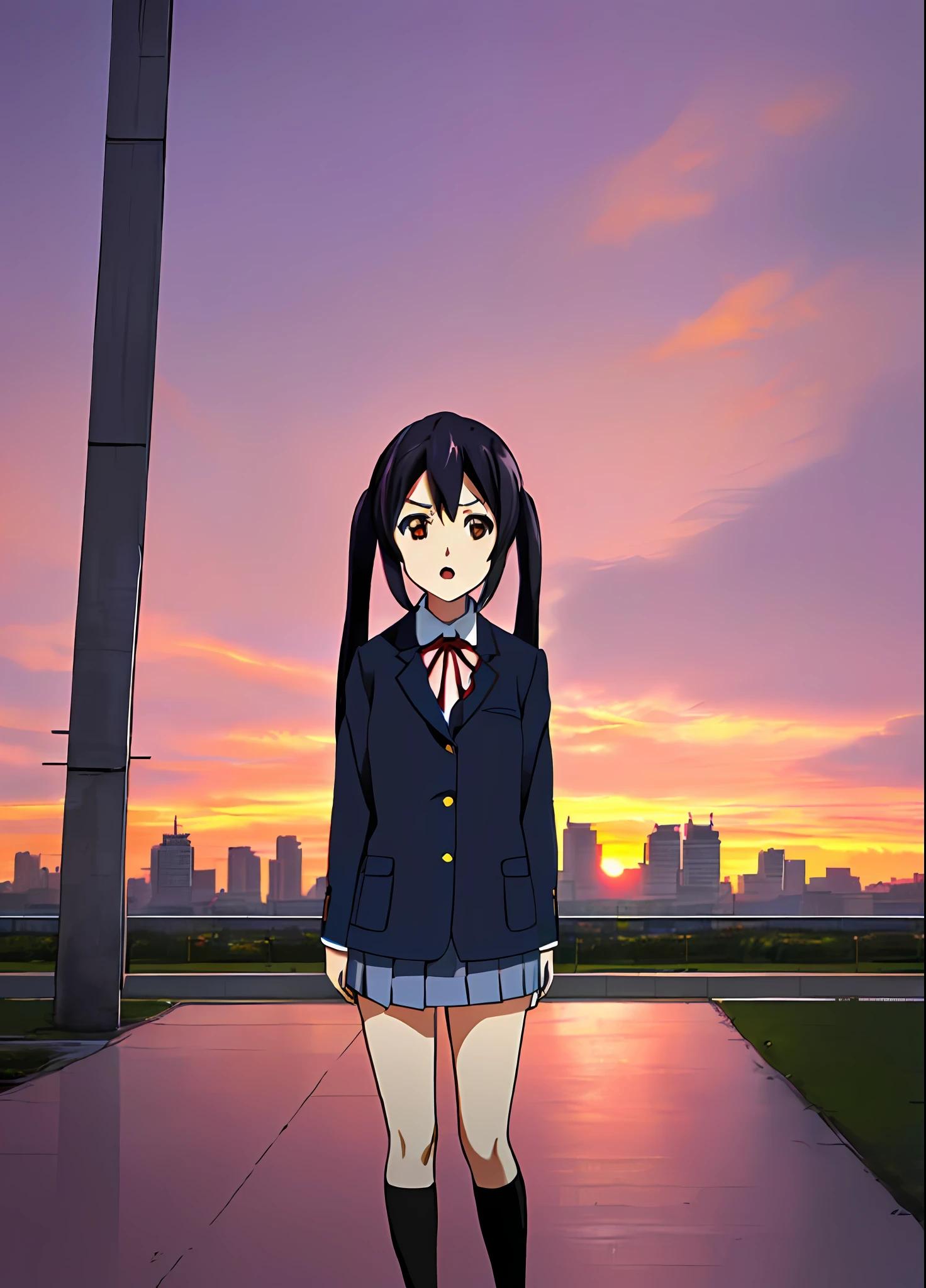 1girl, ((((Masterpiece))), Best Quality, Best Quality, High Detail, Azusa Nakano, 1girl, Sakuragaoka High School Uniform, Musical Instrument, School Uniform, Twin Tails, Long Hair, Black Hair, Brown Eyes, Solo, Red, Dark blue blazer with a thin ribbon of red, Solid white button shirt under blazer, Illustration, Cartoon, Soothing tones, Muted colors, Soft cinematic light, Adobe Lightroom, Photo Lab, HDR, complex and highly detailed, (((depth of field))))). (((Masterpiece))). (((highest quality))).) ((super detail))). (((Illustration))). (((Outside))). (((fighting stance))).,((((Giantization))).dynamic focus.small breasts. (((skyscrapers))). (((Cityscape))). (((Despair Face))). open mouth. (((Sunset))). (((Sunset))).