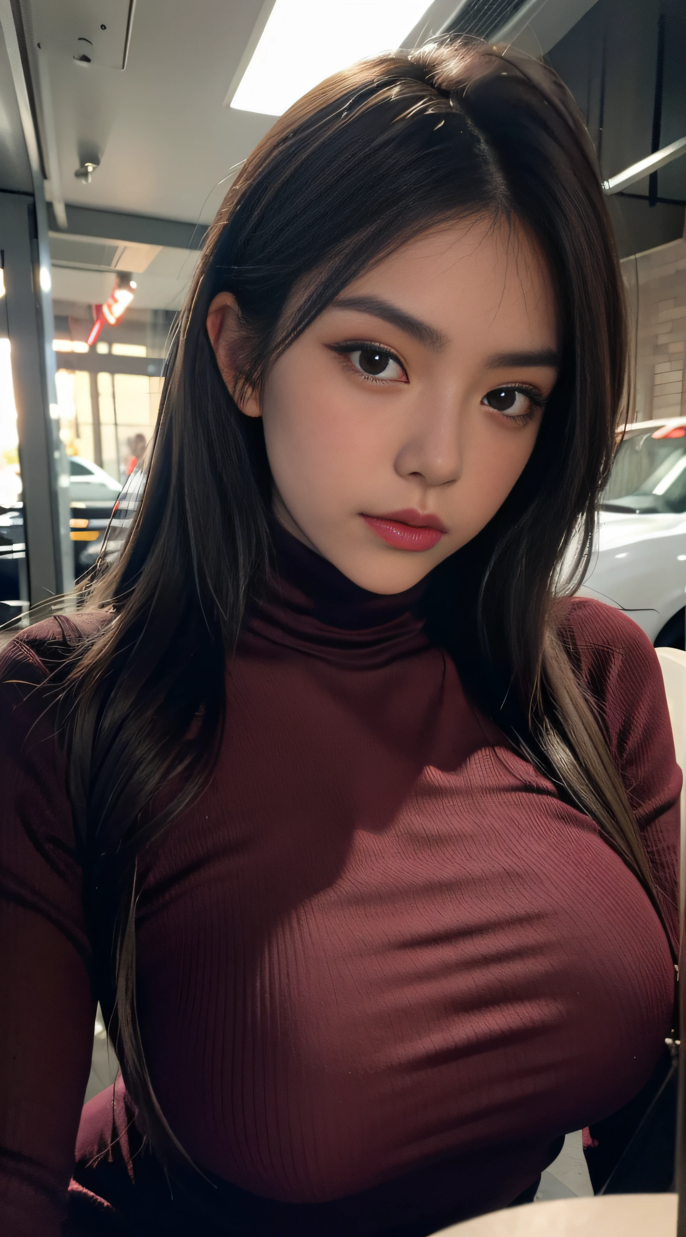 (Extremely detailed, fine, in underground parking, slightly fat, plump, big breasts, big breasts, M cups, delicate face, burgundy turtleneck dress, large aperture, close-up of people, makeup (1.3))