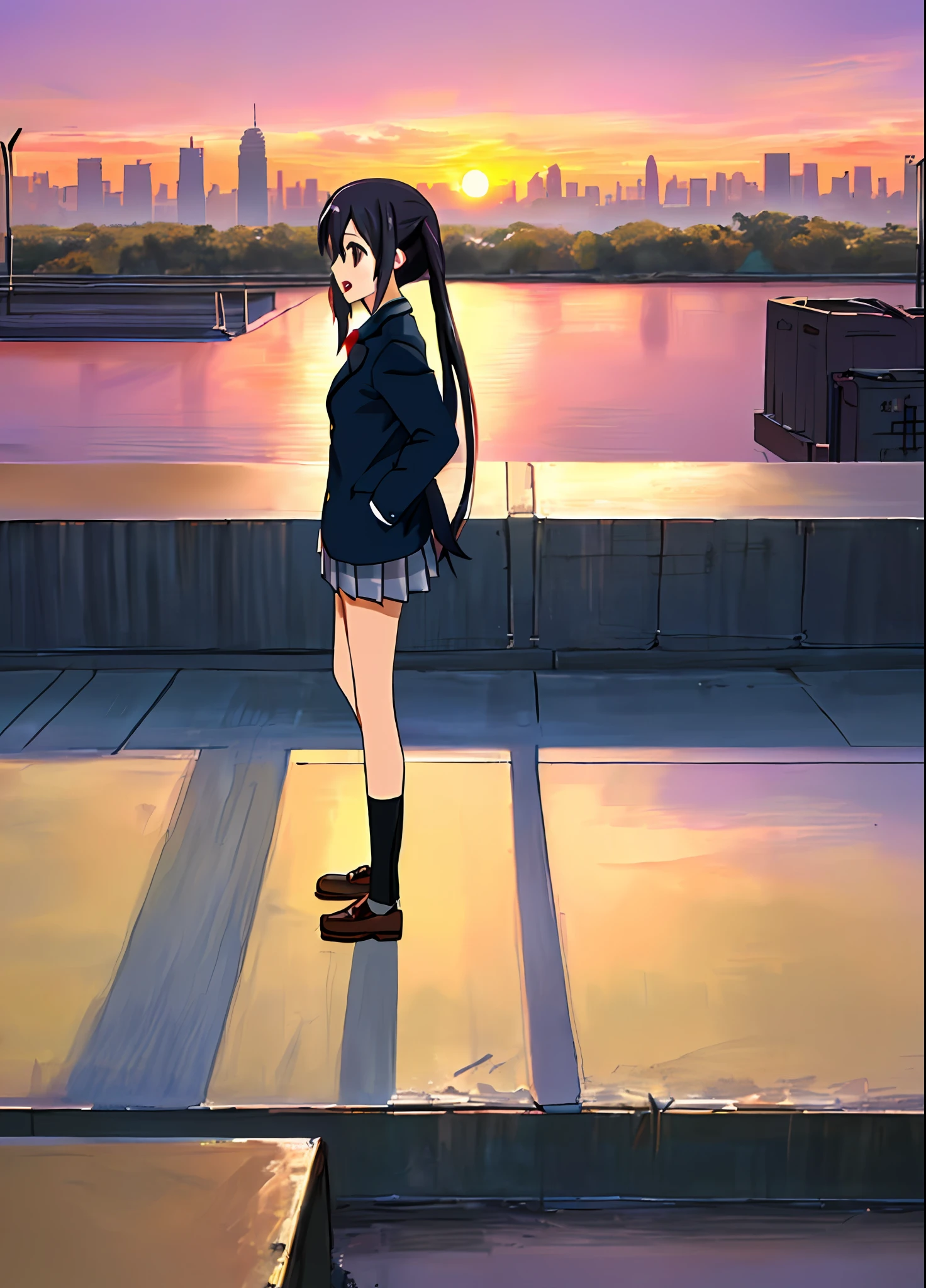 1girl, ((((Masterpiece))), Best Quality, Best Quality, High Detail, Azusa Nakano, 1girl, Sakuragaoka High School Uniform, Musical Instrument, School Uniform, Twin Tails, Long Hair, Black Hair, Brown Eyes, Solo, Red, Dark blue blazer with a thin ribbon of red, Solid white button shirt under blazer, Illustration, Cartoon, Soothing tones, Muted colors, Soft cinematic light, Adobe Lightroom, Photo Lab, HDR, complex and highly detailed, (((depth of field))))). (((Masterpiece))). (((highest quality))).) ((super detail))). (((Illustration))). (((Outside))). (((fighting stance))).,((((Giantization))).dynamic focus.small breasts. (((skyscrapers))). (((Cityscape))). (((Despair Face))). open mouth. (((Sunset))). (((Sunset))).