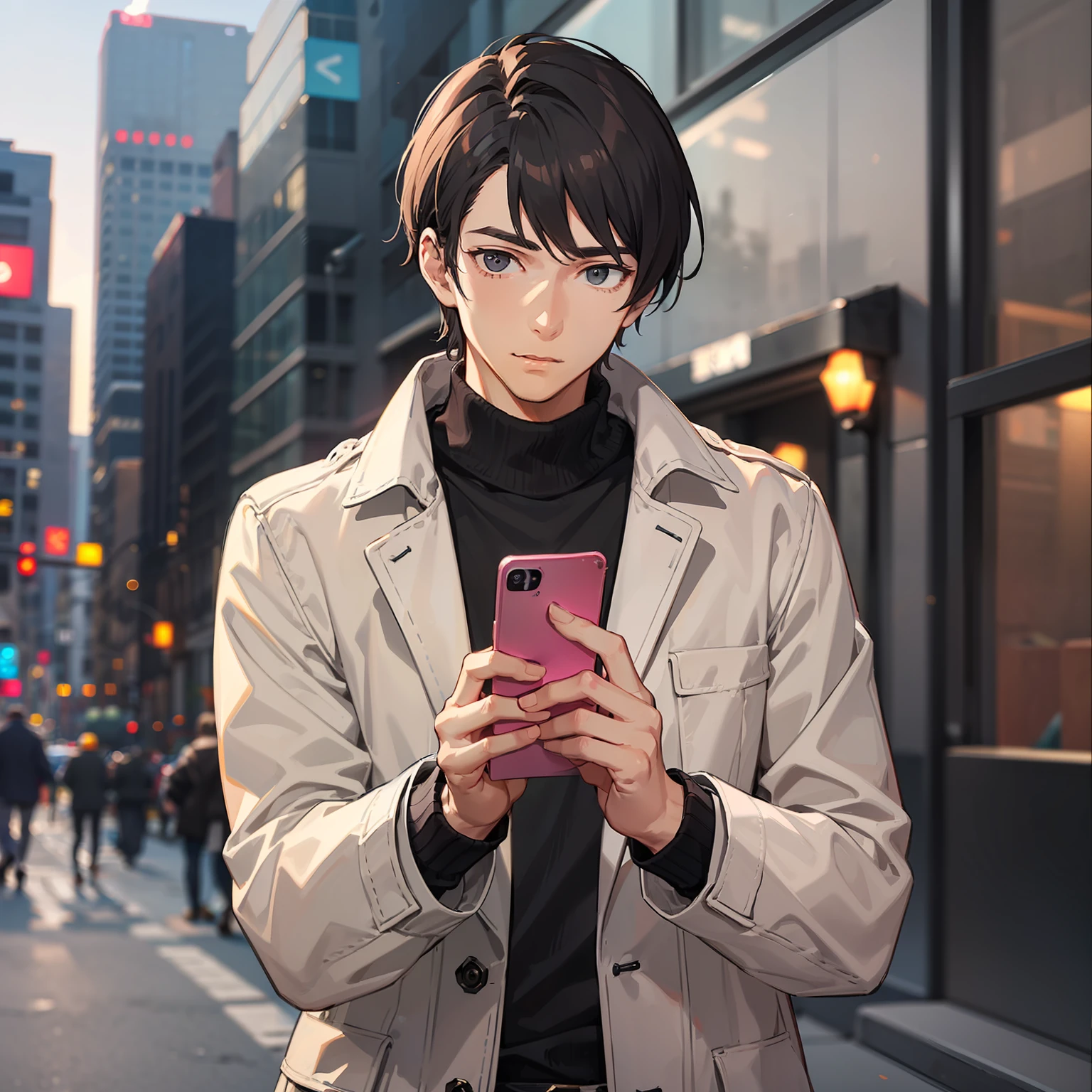 (A man in a casual coat 1.4)
(holding a cell phone 1.4)
(shows upper body 1.3)
(Display mobile screen 1.5)
(Looking at the phone 1.5)