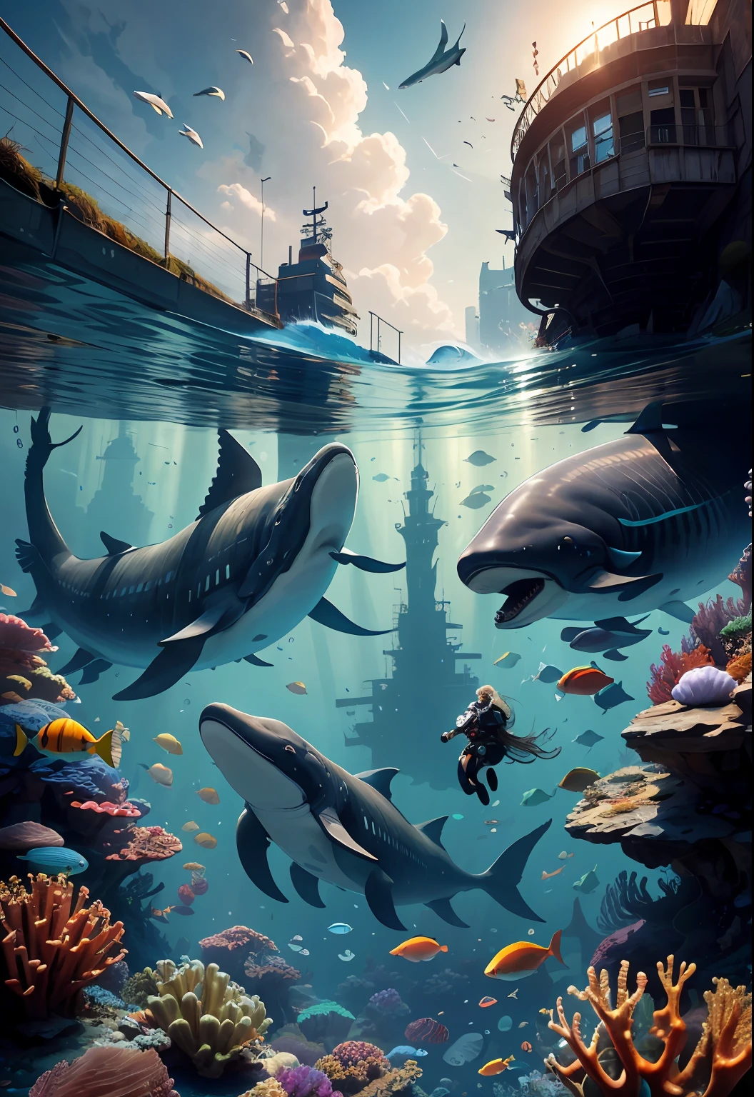 highres, shadows, absurdres, best_quality, ultra_detailed, 8k, extremely_clear, photograph, beautiful, sharp focus, hdr,
underwater, giant whale, fantastic location, dream, flying, underwater cyberpunk city