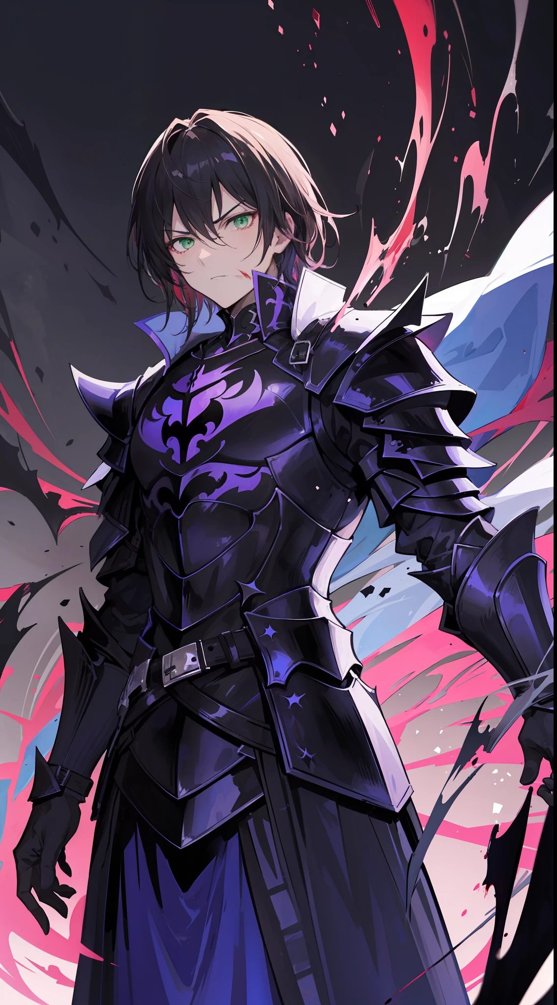 1male, Fallen Knight, looks like a knight with sharp dark hair, charming green eyes, wears a dark knight armor, he is a servant of demon lord, scary stare, he have dark purple aura, have blood in his armor, dark background in the fallen castle