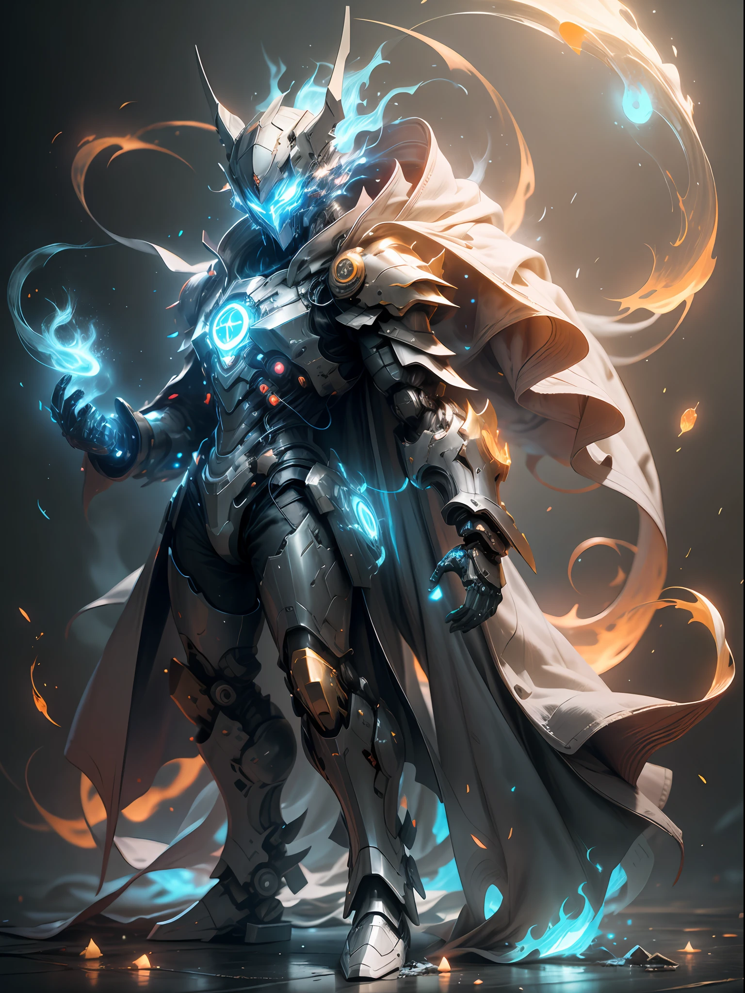 Blue Ghost Mage, super cool Ghost Mage, wearing blue mechanical armor, ghost fire surrounding, magical spells, burning red flames in his hands, proficient spells, magic formation pattern, full body photo, perfect body proportions, tall figure, with a veil, glowing blue eyes, super detail, realistic, shiny, reflective, bioluminescent, galactic cybernetics mask, mecha, (executioner: 1.2), cape, SH4G0D, GlowingRunes_red, full body, movie, dark background, backlight, high contrast,