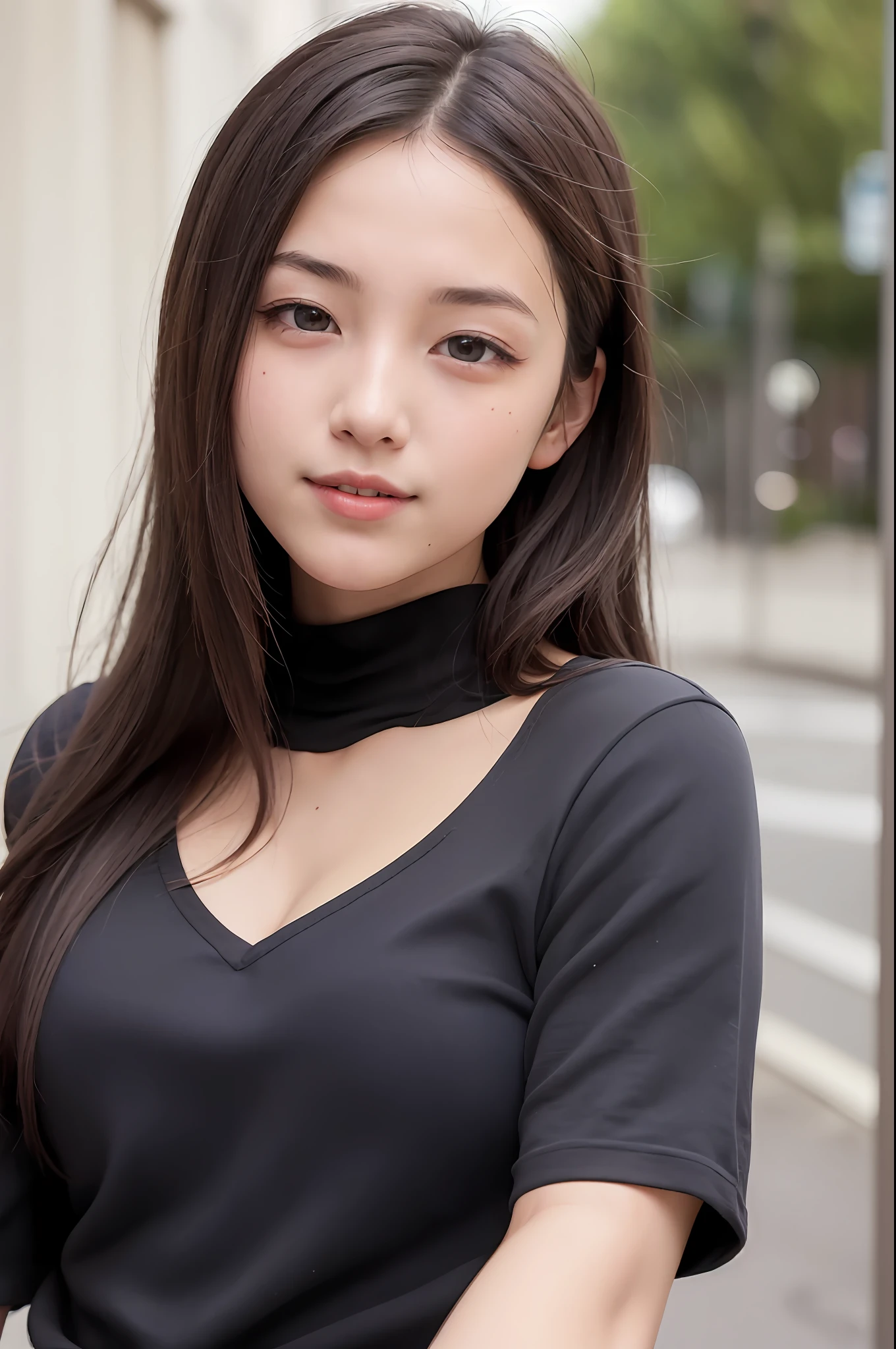 (8K, Top Quality, Masterpiece: 1.2), (Realistic, Photorealistic: 1.37), Super Detail, 1 Girl, 23 years old, Big, Beauty, Beautiful and Perfect Face, Natural Smile, Solo, Cut and Sew, Downtown, (Nose Red), (Smile: 1.15), (With Mouth Closed), Beautiful Eyes, (Long Hair: 1.2), Floating Hair Novafrog style,