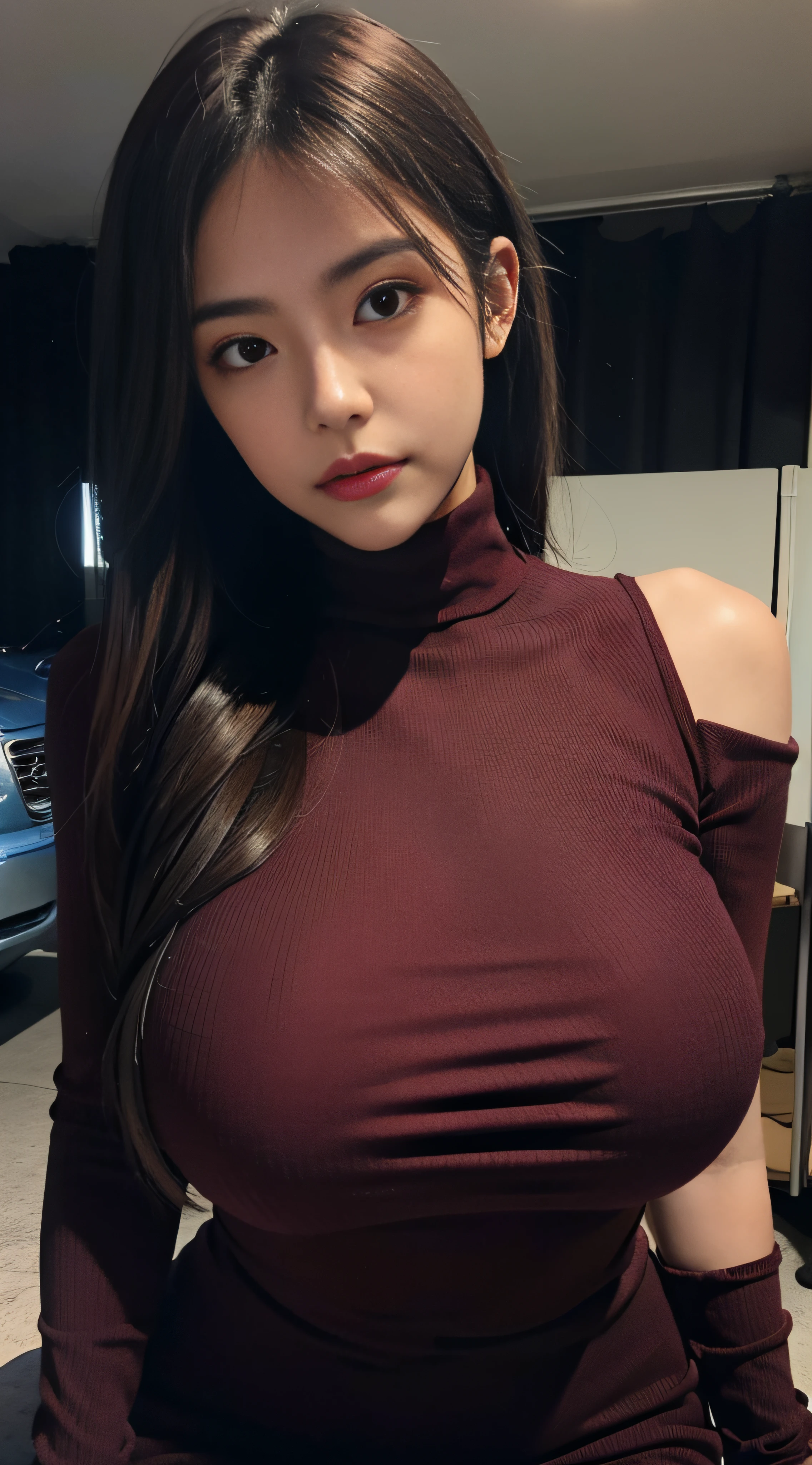 (extremely detailed, fine, in underground parking, slightly fat, plump, big breasts, big breasts, M cups, sexy, sophisticated face, burgundy turtleneck dress, large aperture, close-up of people)