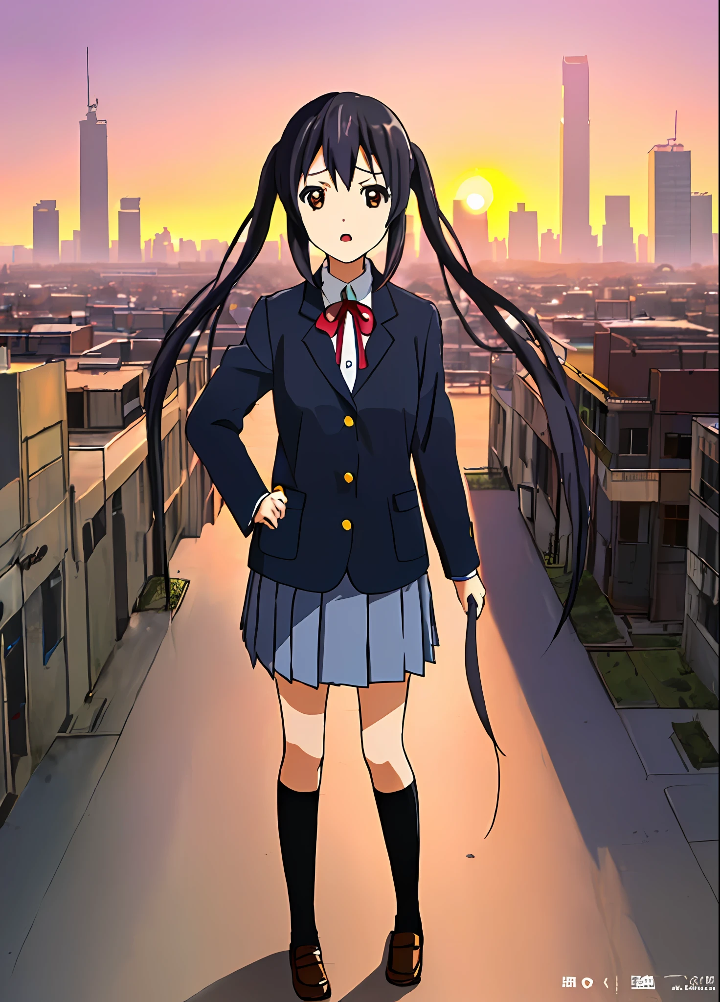 1girl, ((((Masterpiece))), Best Quality, Best Quality, High Detail, Azusa Nakano, 1girl, Sakuragaoka High School Uniform, Musical Instrument, School Uniform, Twin Tails, Long Hair, Black Hair, Brown Eyes, Solo, Red, Dark blue blazer with a thin ribbon of red, Solid white button shirt under blazer, Illustration, Cartoon, Soothing tones, Muted colors, Soft cinematic light, Adobe Lightroom, Photo Lab, HDR, complex and highly detailed, (((depth of field))))). (((Masterpiece))). (((highest quality))).) ((super detail))). (((Illustration))). (((Outside))). (((fighting stance))).,((((Giantization))).dynamic focus.small breasts. (((skyscrapers))). (((Cityscape))). (((Despair Face))). open mouth. (((Sunset))). (((Sunset))).