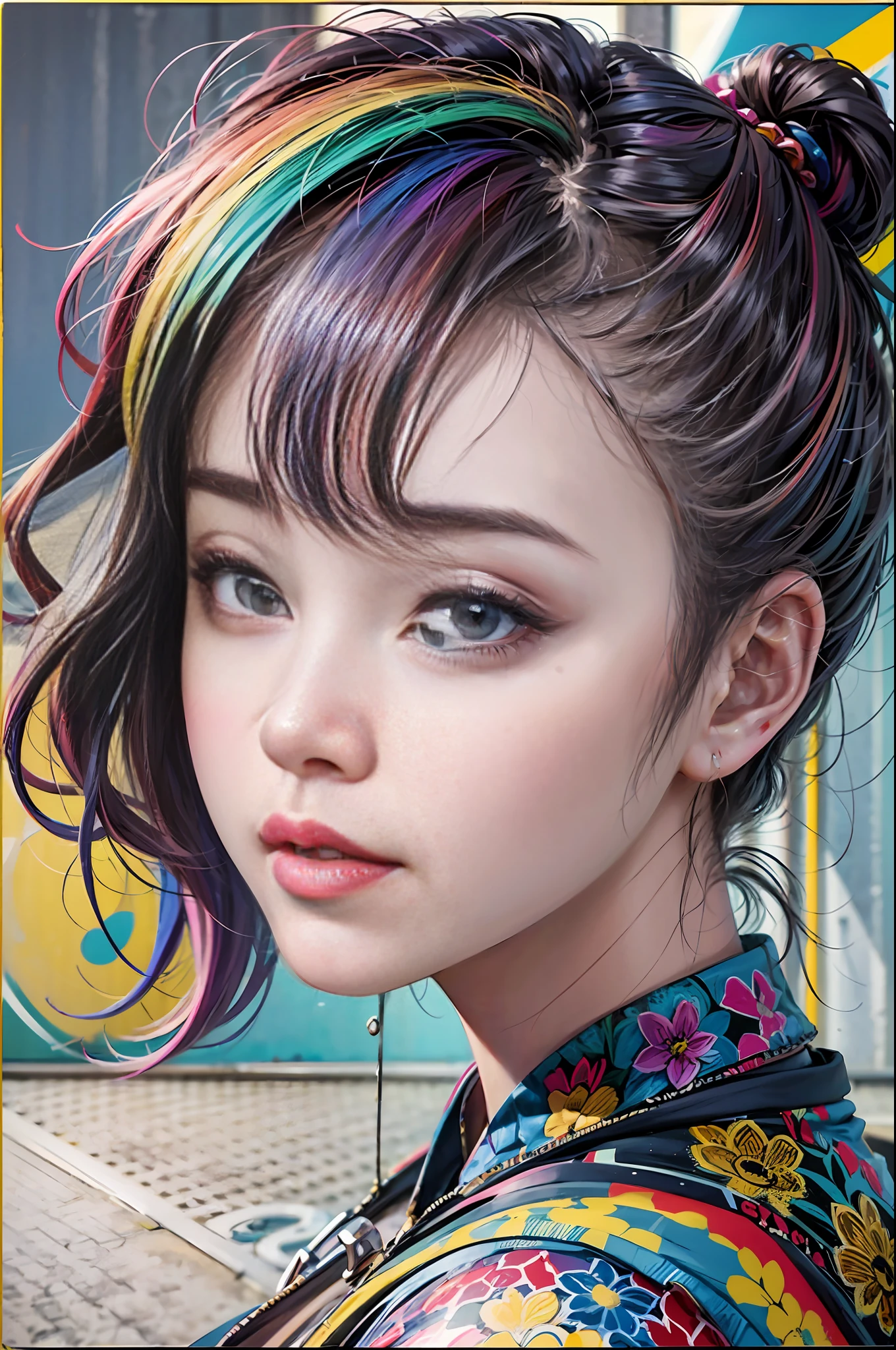 a pop art painting of a girl, portrait, spray painting, rainbow color, k-pop idol, Korean, (masterpiece), (intricate details), (photorealistic:1.3), (film grain:1.4), (perfect anatomy), [:(intricate details), (detailed skin), (detailed face):0.2], detailed eyes, (baby fat:1.3)