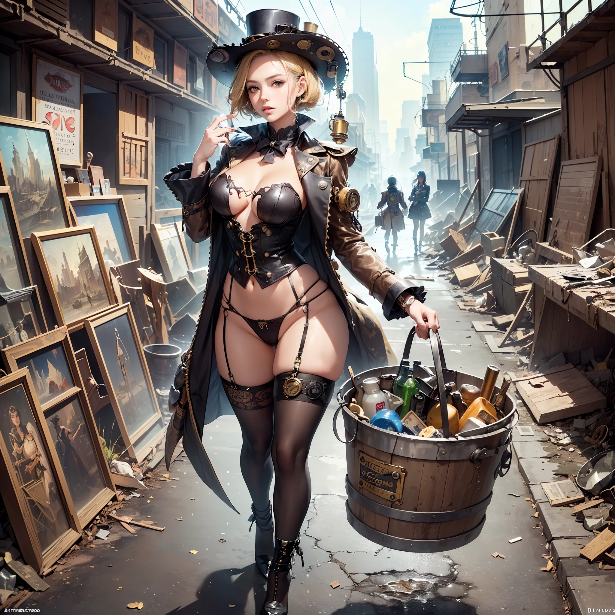 ((((cuclillas,woman rummaging through a junkyard, mujer buscando entre chatarra steampunk, chica rebuscando en cuclillas entre la basura steampunk, desguaze steampunk,vertedero steampunk,big ass,))),(((steampunk clothes,intricade insane detail clothes))),ultra realistic 8k cg, picture-perfect face, flawless, clean, masterpiece, professional artwork, famous artwork, solo,extremely detailed, beautifully detailed background,depth of field,full body, blonde hair,