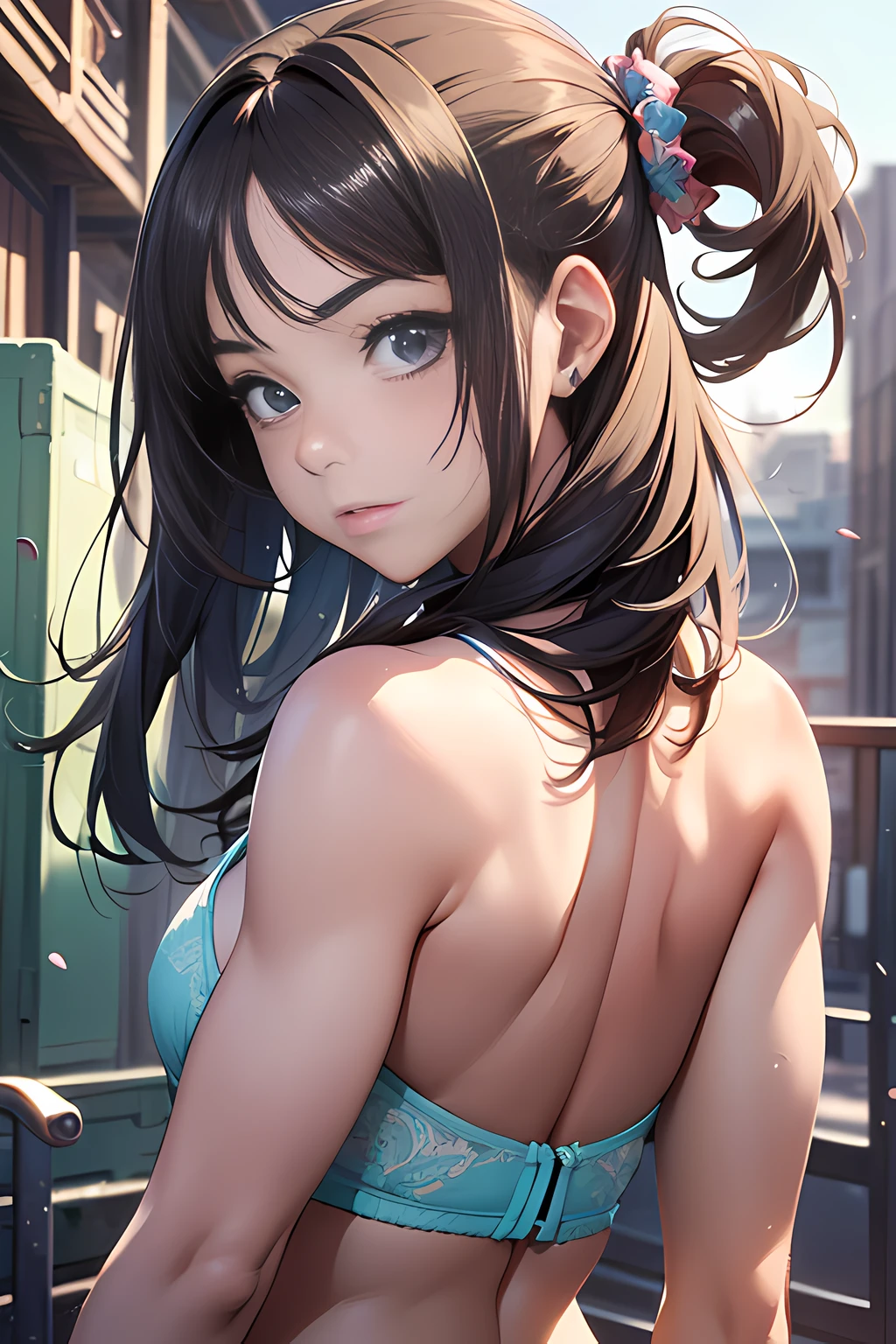 (Masterpiece:1.5), (Best Quality:1.2), (Hyper detailed:1.2),(Anime:1.2),(Bright colors),Vivid Color, (Teenage girl:2), , Hairstyle Short, Small Tits, Thick Neck, (lean body:1.5),(back muscle:1.6), Brassiere, Panties