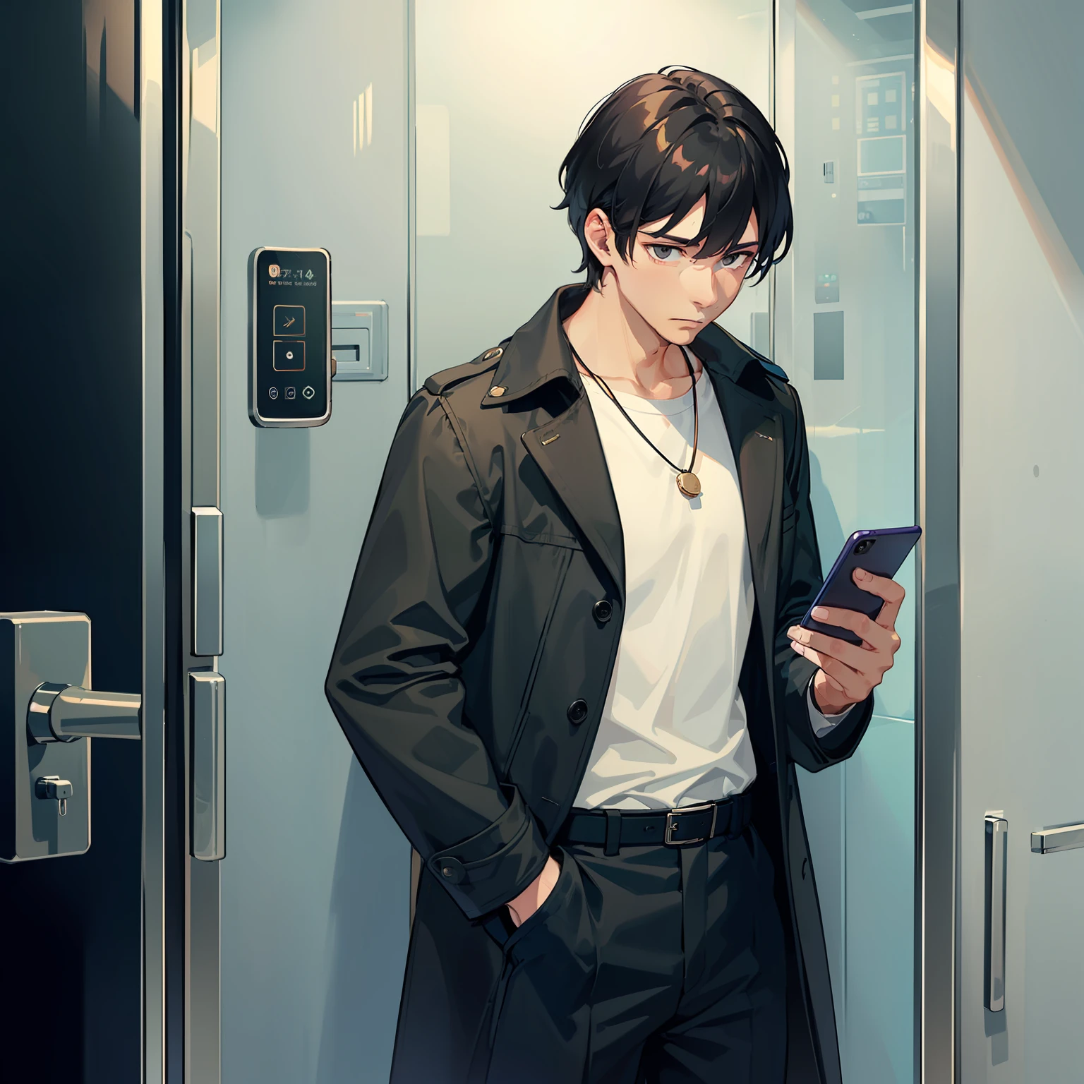 (A man in a casual coat 1.4)
(holding a cell phone 1.4)
(shows upper body 1.3)
(Display mobile screen 1.5)
(Looking at the phone 1.5)
(1.4 in the elevator)
