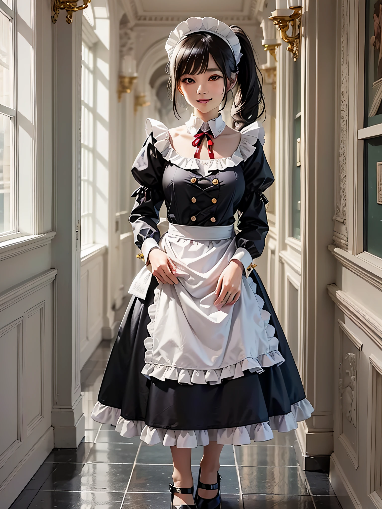 Asian, Girl, Solo, Full body, Black hair, Ponytail, Smiling, Maid dress with long skirt up to the heel of solid black long sleeve puff sleeves, Maid clothes with white sleeves, Black buttons on cuffs, Maid dress collar white, Embroidered one point at collar, Apron up to chest in solid white, Ruffles on apron shoulders, Red ribbon tie, Head headband with white ruffles, White panquets, White panniers, Standing, Upper eyes, Hands on hips, Enameled shoes with black straps, Low heels, Mansion hallway, On the left, Door on the right