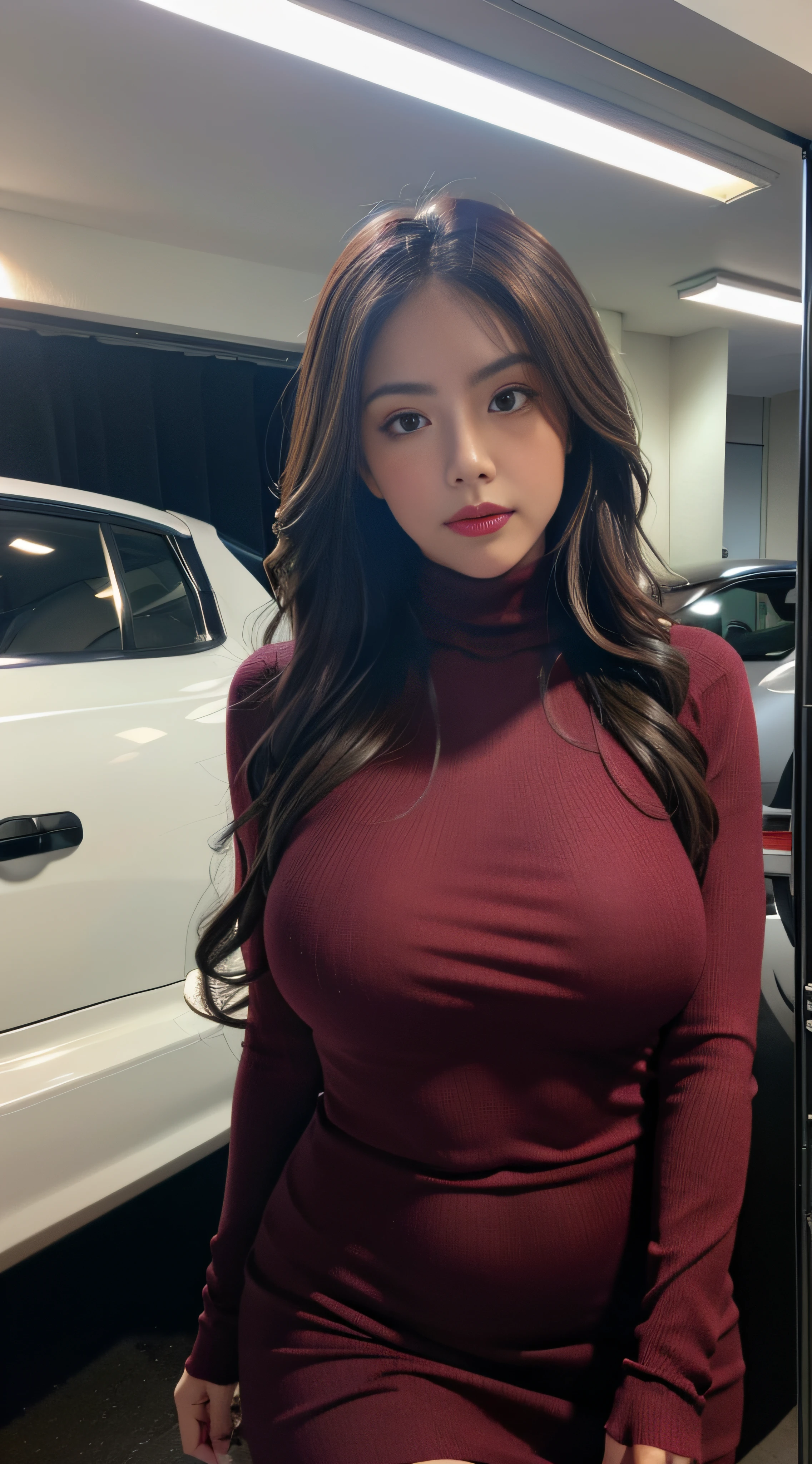 (extremely detailed, fine, in underground parking, slightly fat, plump, big breasts, big breasts, M cups, sexy, sophisticated face, burgundy turtleneck dress, large aperture, close-up of people)