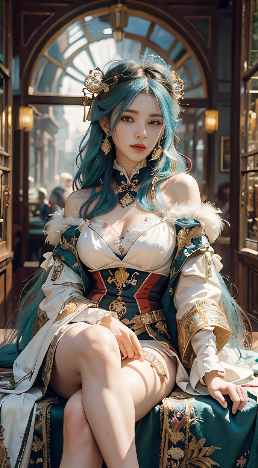 High quality, masterpiece, masterpiece, delicate facial features, delicate hair, delicate eyes, delicate colored hair, 4K picture quality, brilliant light and shadow, Tyndall effect, halo, messy hair, youthful state, gorgeous scene, exquisite clothes, chains, feathers, big eyes of ancient Chinese beauty very detailed, digital painting, artstation, concept art, clear focus, illustration, art by greg rutkowski and alphonse mucha and victo ngai, thighs, sitting