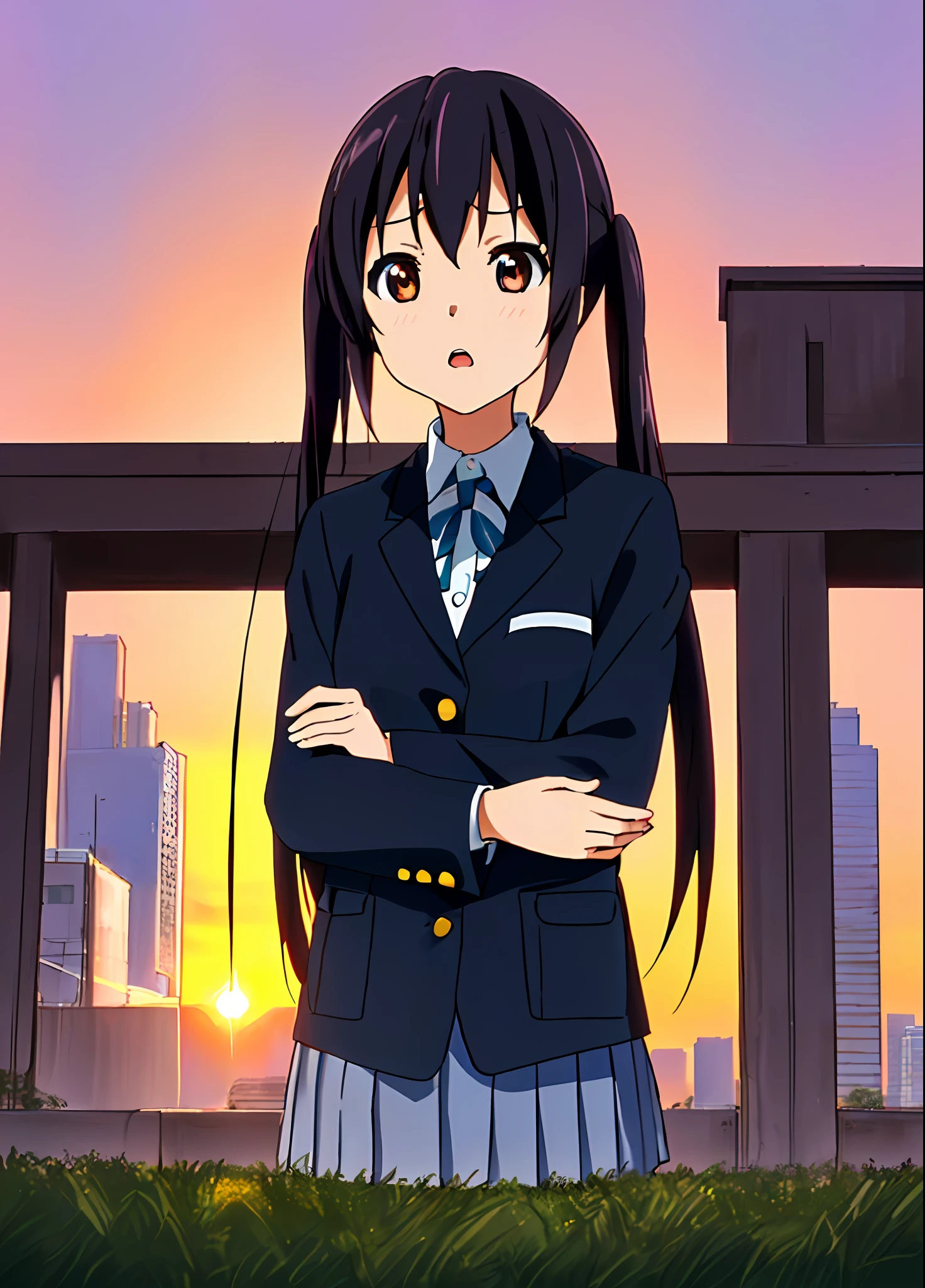 1girl, ((((Masterpiece))), Best Quality, Best Quality, High Detail, Azusa Nakano, 1girl, Sakuragaoka High School Uniform, Musical Instrument, School Uniform, Twin Tails, Long Hair, Black Hair, Brown Eyes, Solo, Red, Dark blue blazer with a thin ribbon of red, Solid white button shirt under blazer, Illustration, Cartoon, Soothing tones, Muted colors, Soft cinematic light, Adobe Lightroom, Photo Lab, HDR, complex and highly detailed, (((depth of field))))). (((Masterpiece))). (((highest quality))).) ((super detail))). (((Illustration))). (((Outside))). (((fighting stance))).,((((Giantization))).dynamic focus.small breasts. (((skyscrapers))). (((Cityscape))). (((Despair Face))). open mouth. (((Sunset))). (((Sunset))).