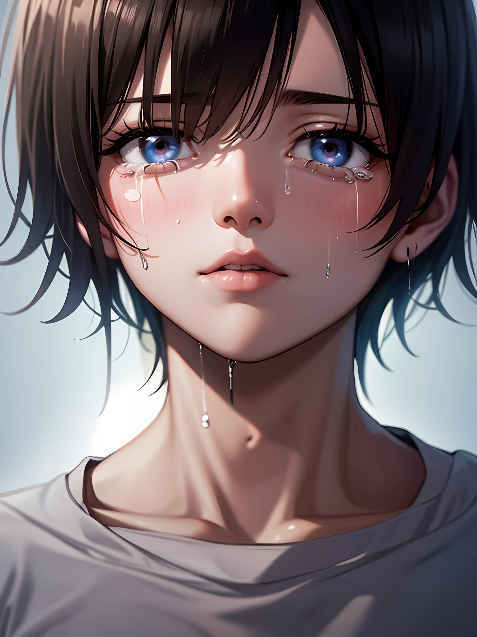 a teenager male, cry for love, on the top of the building, heavy rain drop down, wet clothes, wet hair, clear face, lonely, tearing up, eye reflection, streaming tears, tears, ray tracing, reflection light, chiaroscuro, cinematic lighting, close-up, masterpiece, best quality, high details, highres, ccurate, textured skin, high quality, UHD, HD