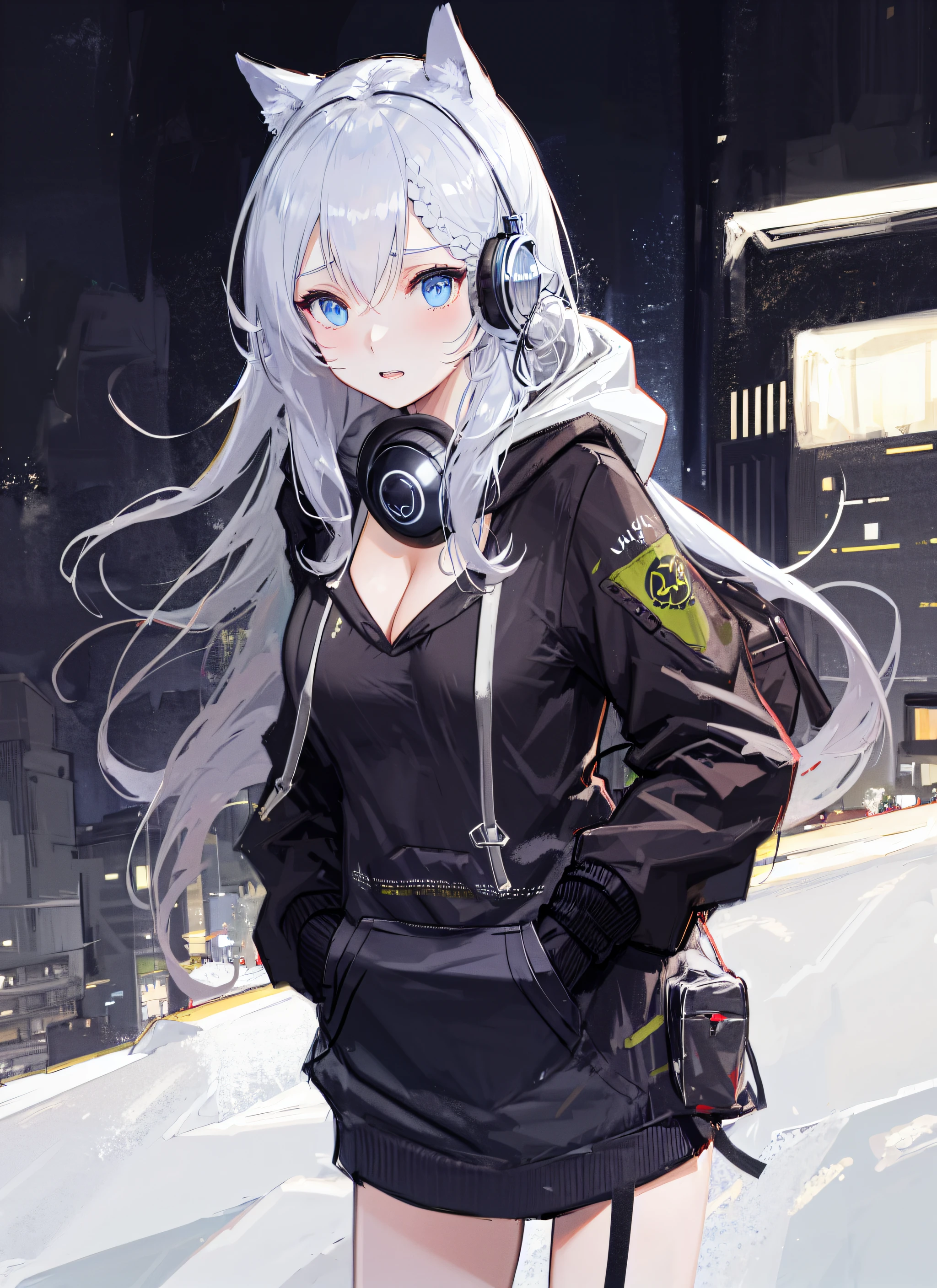 original outfit, 1girl,embarrassedcleavage,outdoors,(hoodie:1.3),headphones around neck, cityscape, cowboy shot, hand in pocket,