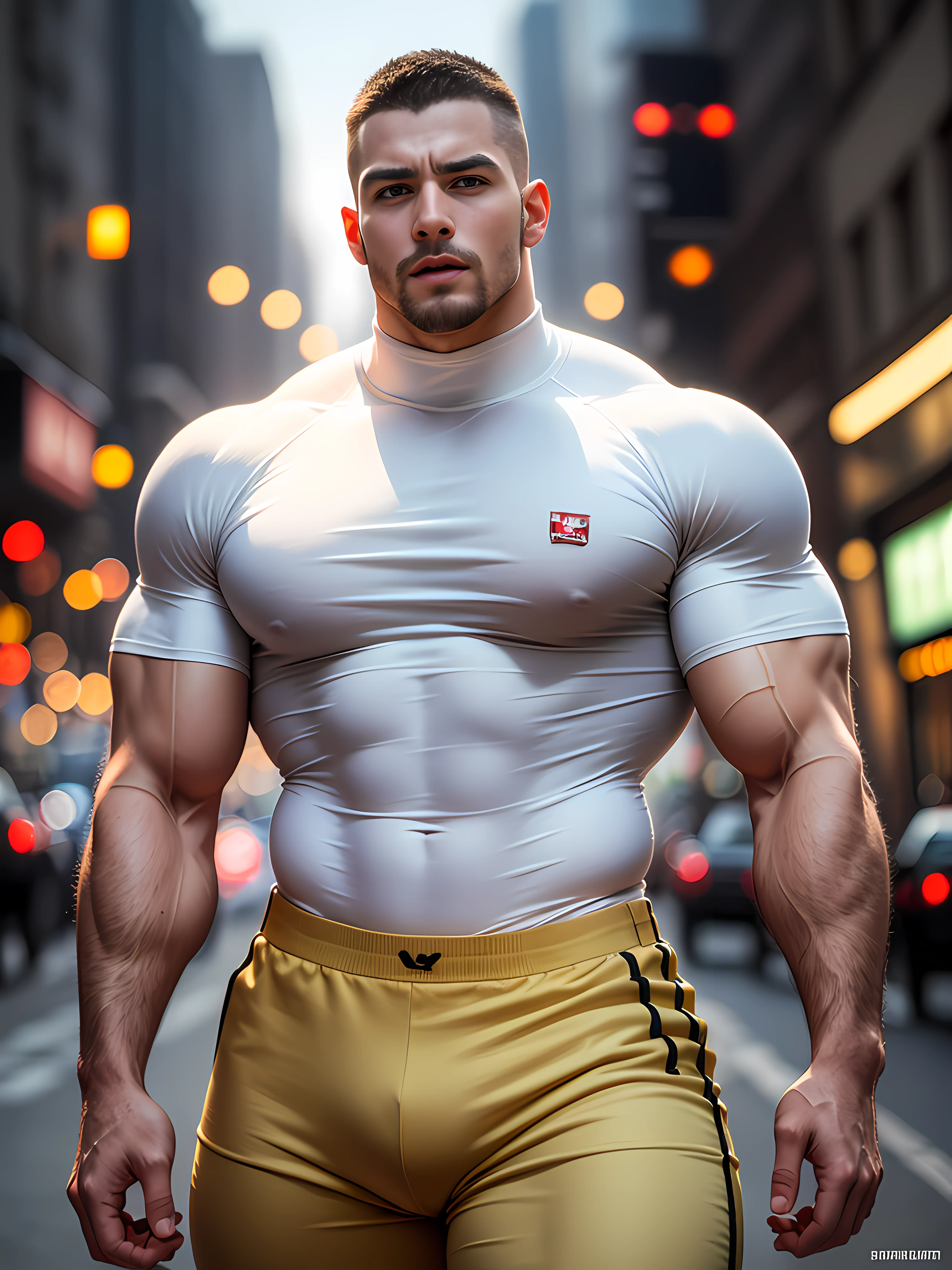 Character design (muscle security, Buzz Cut, national character face, tough guy) wearing a mie cream white high-neck stretch tight T-shirt, security guard uniform, standing on the city lane at night, looking intoxicated and enjoyed, eyes slightly narrowed, mouth open into an O-shape, expression enjoyment, deep and charming eyes, emerald-like pupils, tall and burly, muscular! Sexy charming muscular leg muscles, tall and burly, beige cream white stretch turtleneck skinny T-shirt, super gain and cool, high resolution committee, white sneakers, bright street lights shining on the body, holding cream white Slime, mesmerizing enjoyment