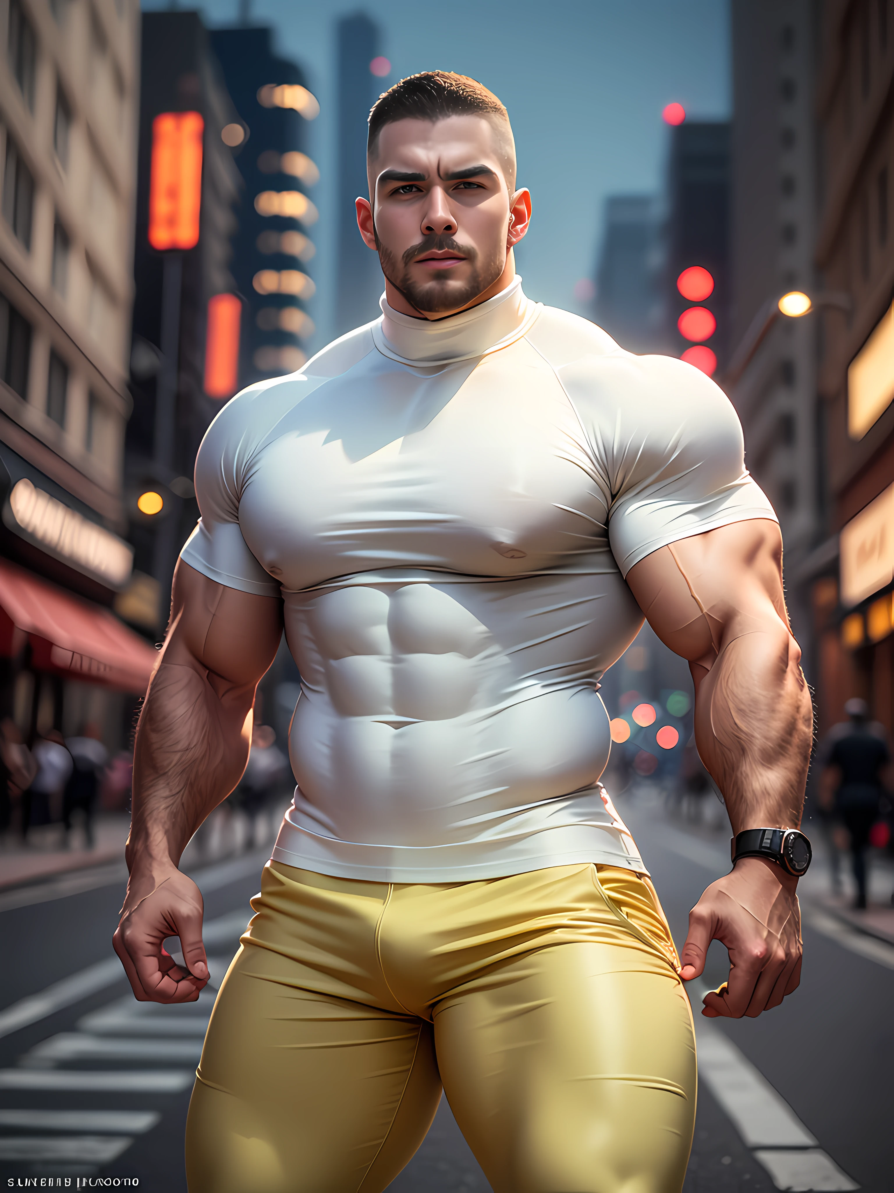 Character design (muscle security, Buzz Cut, national character face, tough guy) wearing a mie cream white high-neck stretch tight T-shirt, security guard uniform, standing on the city lane at night, looking intoxicated and enjoyed, eyes slightly narrowed, mouth open into an O-shape, expression enjoyment, deep and charming eyes, emerald-like pupils, tall and burly, muscular! Sexy charming muscular leg muscles, tall and burly, beige cream white stretch turtleneck skinny T-shirt, super gain and cool, high resolution committee, white sneakers, bright street lights shining on the body, holding cream white Slime, mesmerizing enjoyment