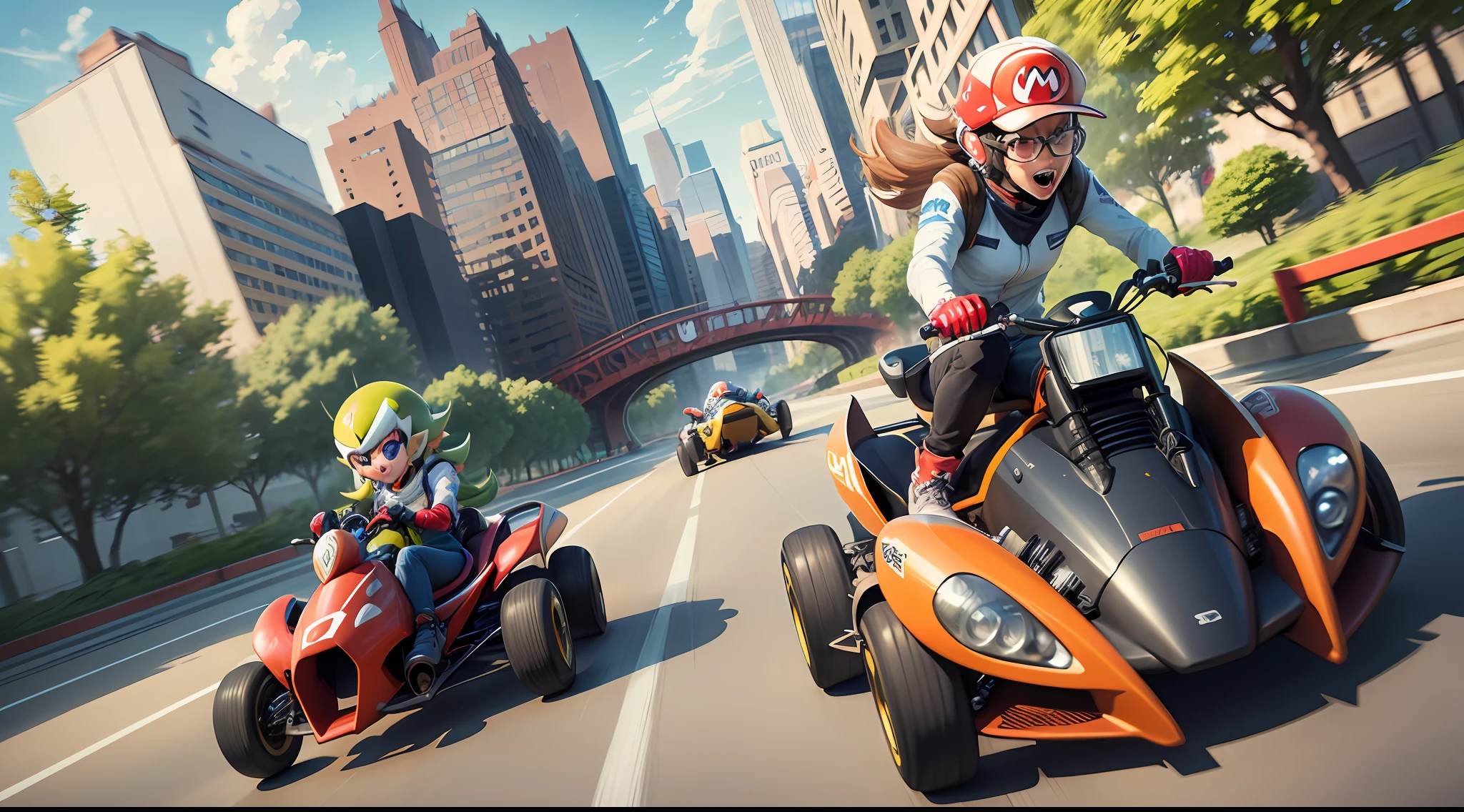 (((best quality))),(((ultra detailed))),(((masterpiece))),illustration, A vibrant and action-packed artwork capturing a thrilling Mario Kart race. Various characters are driving colorful go-karts, zooming around curved tracks with excitement. The sidelines are filled with cheering spectators, creating a dynamic and lively atmosphere. The background depicts a Mario Kart world filled with fun and competitive energy. This high-definition masterpiece is reminiscent of the highest quality illustrations featured in Nintendo's official Mario Kart promotional material, showcasing the incredible talent of artists like Yusuke Nakano, Ken Sugimori, and Shigeru Miyamoto.