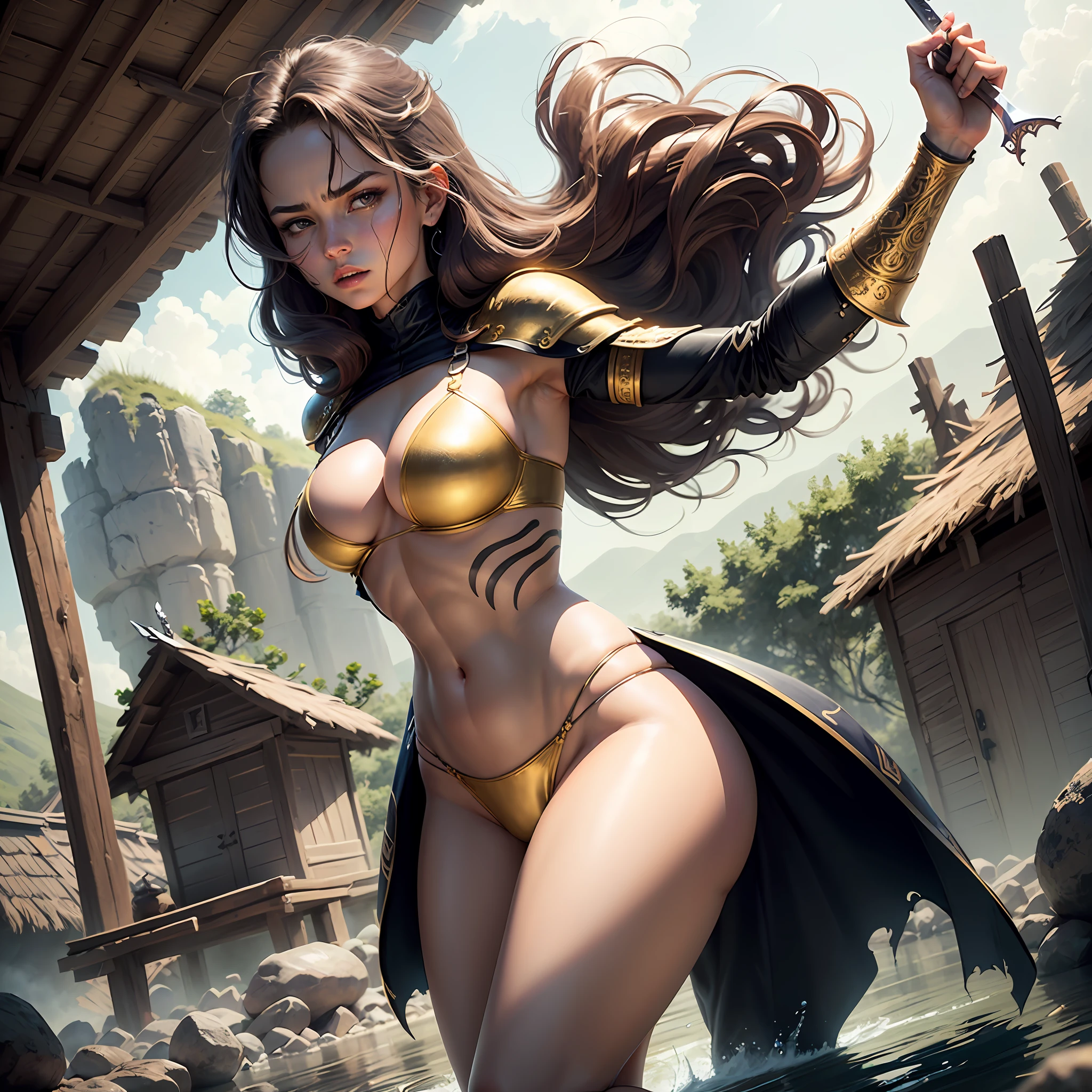 ((masterpiece, best quality, (extremely detailed CG unit 8k wallpaper), (best quality), (best illustration), (best shadow), The warrior amazon girl stands tall in the center of a vast open plain. She is tall and muscular, with a powerful and athletic build. Her skin is a rich, warm bronze color, and her hair is long and wild, flowing down her back in thick, dark waves. She wears a gold bikini armor suit that clearly shows off her belly, with intricate designs etched into the metal, emphasizing her curves and strength. His left arm is covered by a golden gauntlet, with sharp, pointed edges.)) (((Rear view))), ((from four)), ( ( Young Girl)), ((open legs)), (((butt sticks out))), ( thighs in detail), Masterpiece, Best quality, Affective look, with perfect delicate face, Large thighs, detailed body, Robes with lace adornments, torn. She is crouched down leaning on her thighs.
(In her right hand, she holds a long, curved sword, her blade shining in the sunlight. The sword is decorated with intricate designs and patterns, and its handle is wrapped in soft, flexible leather. She holds the sword confidently and easily, her arm raised and her grip firm.)
Behind her, the open plain stretches as far as the eye can see, with rolling hills and distant mountains. In the distance, it is possible to see a small village, with thatched roofs and wooden huts. The sky above is clear and bright, with a warm, golden light that bathes the warrior girl in a soft glow.
The girl's expression is fierce and determined, her eyes bright and focused. She is ready for anything, prepared to defend her people and her land with all her strength and skill. Despite her formidable appearance, there is a sense of grace and beauty to her, a reminder that even in the midst of battles and conflicts, there is still room for elegance and refinement. --auto