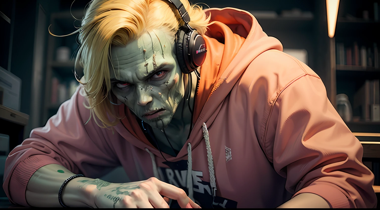 Zombie Photorealistic Green Skin Blonde Hair Pink Hoodie Men Orange Headphones --auto