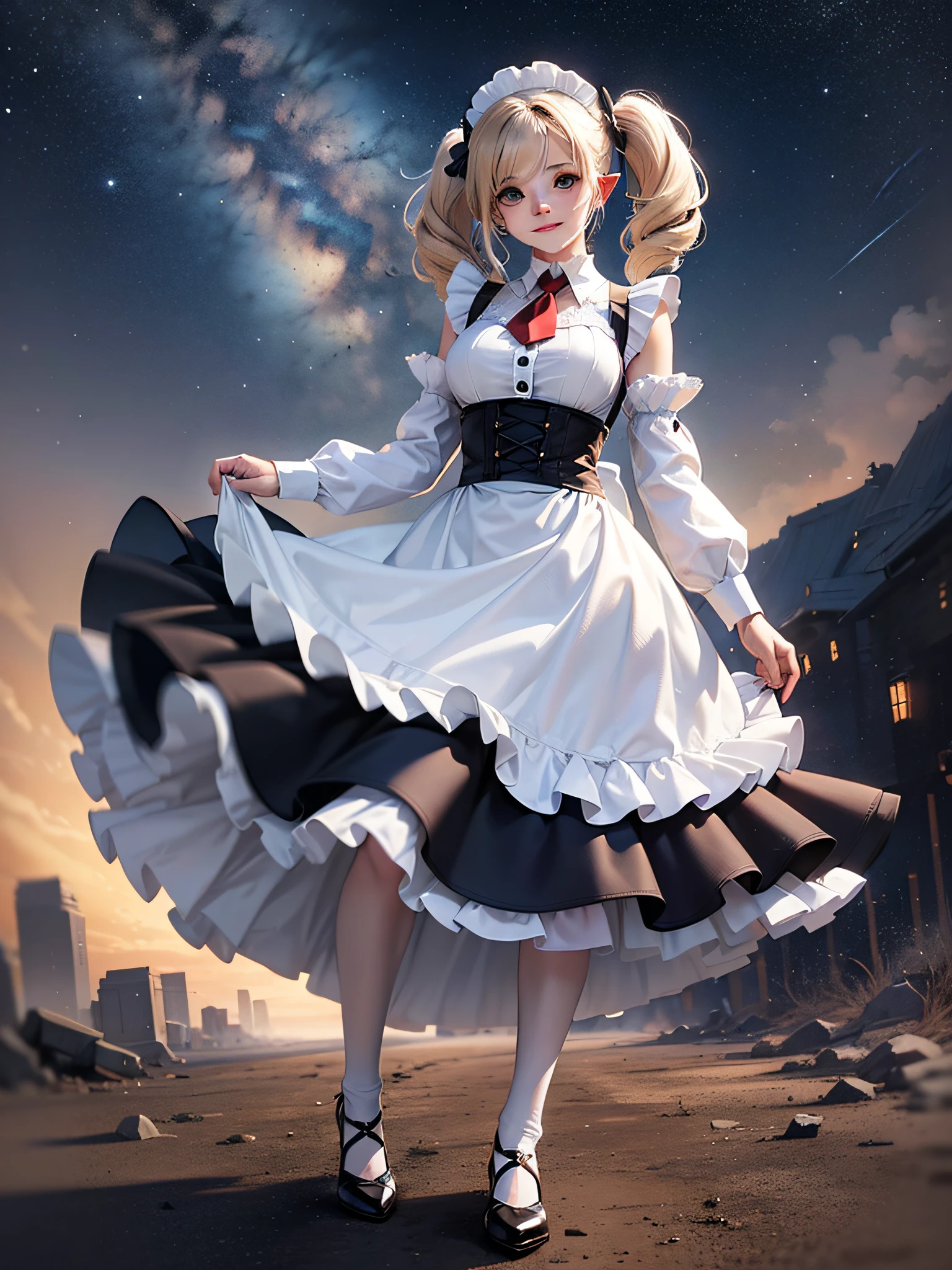 elf, girl, solo, full body, platinum blonde,twin tails, blue eyes, smiling gently, maid outfit in solid black, maid clothes with long sleeves, maid clothes with skirts up to heel, puff sleeves for maid clothes, white cuffs for maid clothes, black buttons on cuffs, white collar for maid clothes, white apron, white apron to chest, white apron low to the hem of skirt, White ruffles on shoulders in white apron, white apron with large ribbon knotted at back, red ascot tie, headband with white frills, white stockings, white panniers, standing figure, hands behind hips, one foot in front, enameled shoes with black straps, shoes with low heels, night sky background, large crescent moon in the night sky, milky way in the night sky