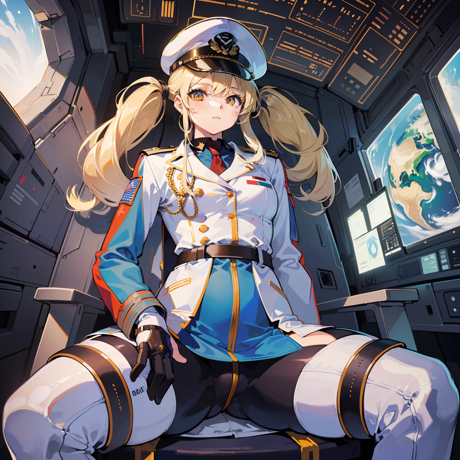 ((Masterpiece)), ((Highest Image Quality)), (((Best Quality)), (Illustration of One Girl), Full Body, 25 Years Old, (Neutral)), ((Blonde Twin Tails)), Light Golden Eyes, (Tall)), (Muscular Strong Body)), ((Muscular and Thick Body)), ((Muscular and Thick Arms)), ((Muscular and Thick Legs)), (Manspreading)), Open Legs, (((Army Uniform)), (Army Hat)), (((Army Coat)), (white clothes), (white pants), (white hat), trench coat, ((inside the spaceship, sitting in the captain's seat)), (outside the window, space, Earth seen from space, spaceport)