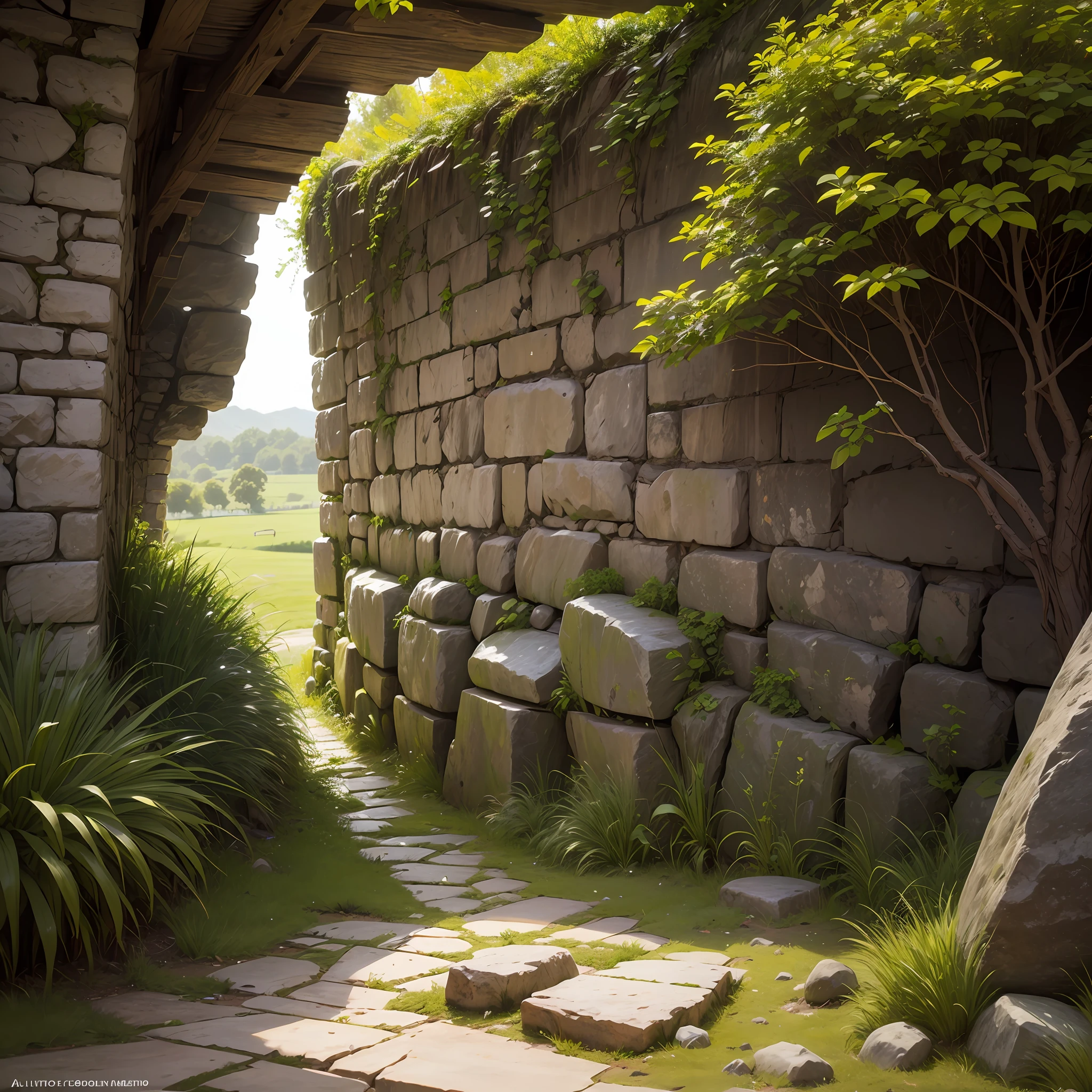 Stone wall, green in the gap of the stone wall --auto