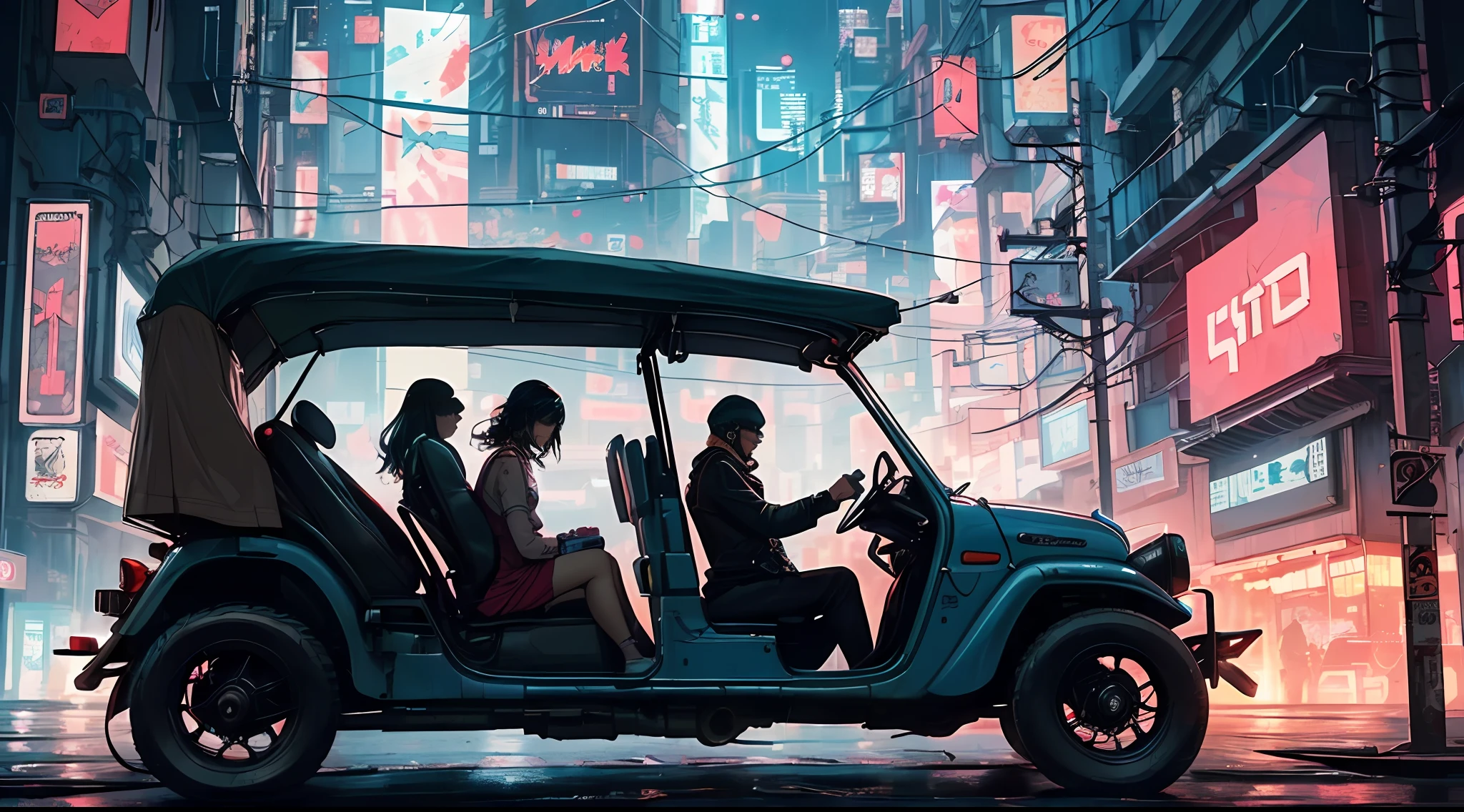 (at late night:1.3), , (detailed beautiful skin textures, detailed beautiful face, ultra detailed clothing textures), , (Cyberpunk:1.4), , (an ultra detailed four-wheeled and long bonnet tuk-tuk and letter-tires), , (3/4 Side view, The car is in the center of the frame), , (at parking area, at ultra detailed Night City of Cyberpunk), (All cars are classic cars with cyberpunk costumed), , (soft lighting), , (masterpiece, best quality:1.4, 128k, ultra detailed, illustration, distinct_image, intricate_details, delicate illustration), (realistic:0.15),