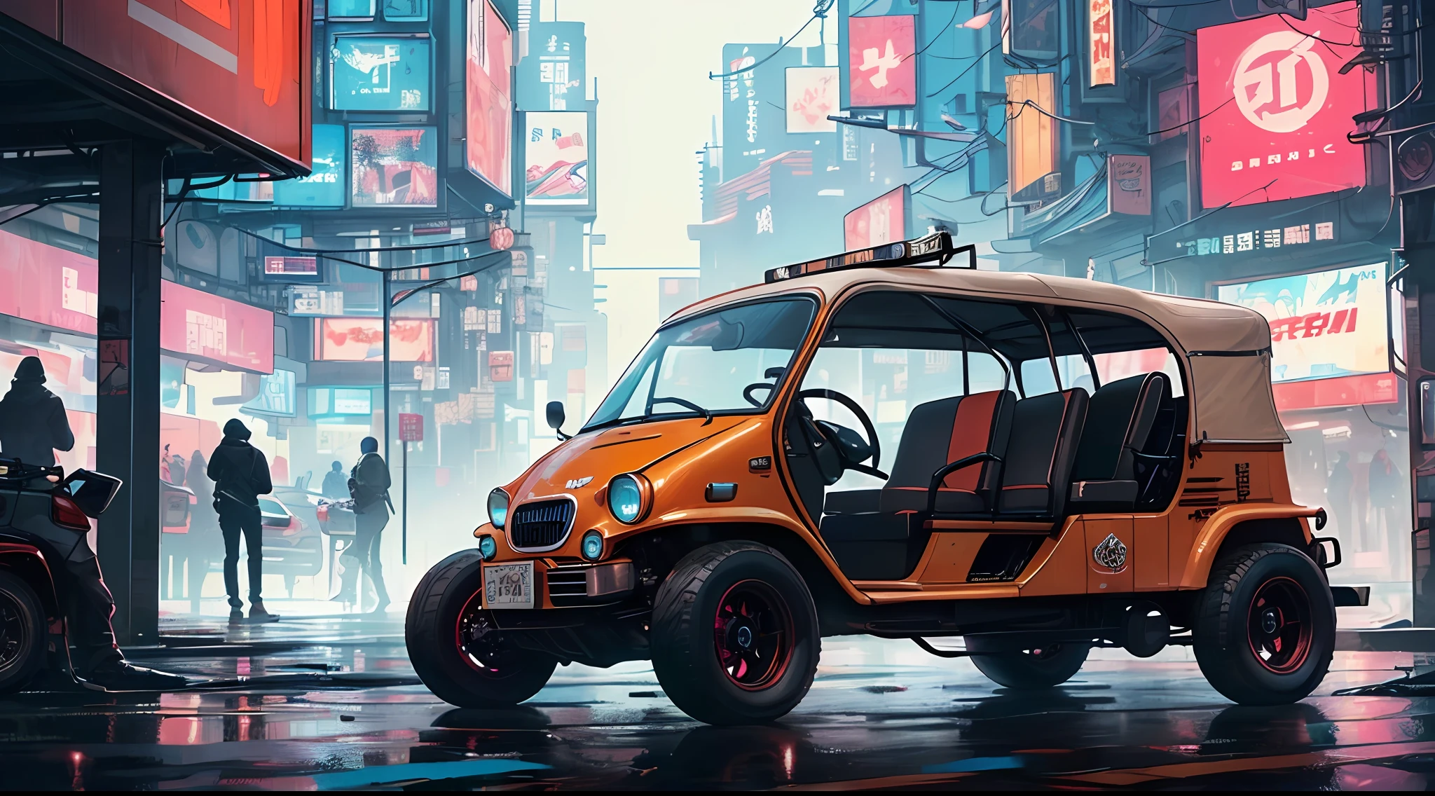 (at late night:1.3), , (detailed beautiful skin textures, detailed beautiful face, ultra detailed clothing textures), , (Cyberpunk:1.4), , (an ultra detailed four-wheeled and long bonnet tuk-tuk and letter-tires), , (3/4 Side view, The car is in the center of the frame), , (at parking area, at ultra detailed Night City of Cyberpunk), (All cars are classic cars with cyberpunk costumed), , (soft lighting), , (masterpiece, best quality:1.4, 128k, ultra detailed, illustration, distinct_image, intricate_details, delicate illustration), (realistic:0.15),