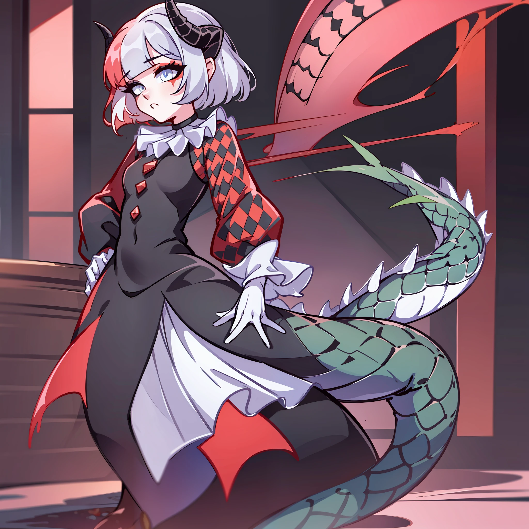 (Best quality: 1.0), (super high res: 1.0), extremely detailed character, detailed Hands, half-dragon girl, horns, scales on the neck, scales on the shoulders, scales on the forearm, scales on the cheek, girl with dragon tail, dragon tail, extremely detailed hair, short hair, ((white hair)), ((black locks)), extremely detailed eyes, eye with different colors, heterochromia, white right eye and black left eye,  dragon eyes, 2d, anime art, (()), ((full body)), standing, medieval, rpg, small, cute, flushed, ahegao